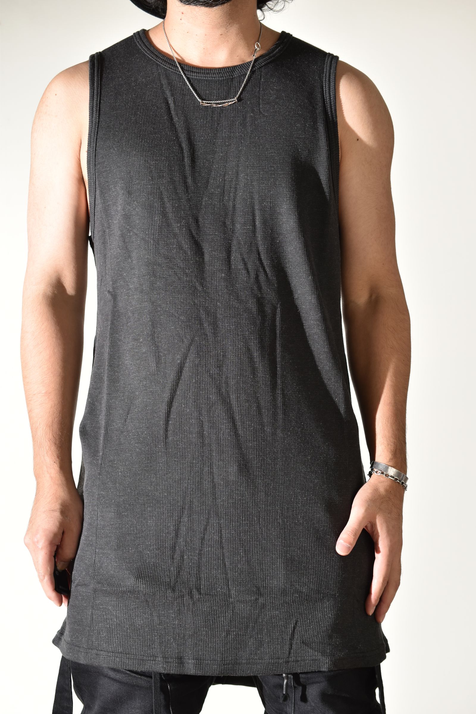 Back Printed Waffle Jersey Long Tank Top"D.Grey" バックプリントワッフルジャージーロングタンクトップ"ダークグレー"