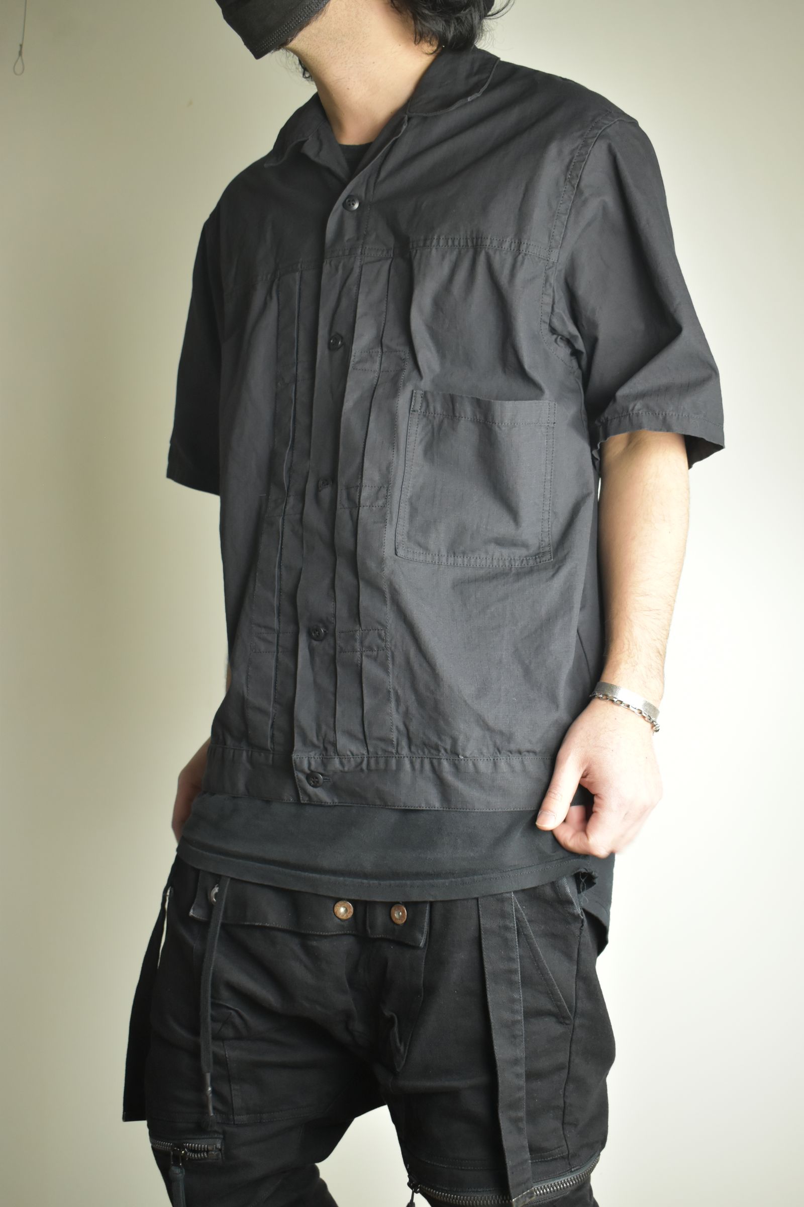 Rip Stop Open Collar Shirt"Black" / リップストップオープンカラーシャツ"Black"