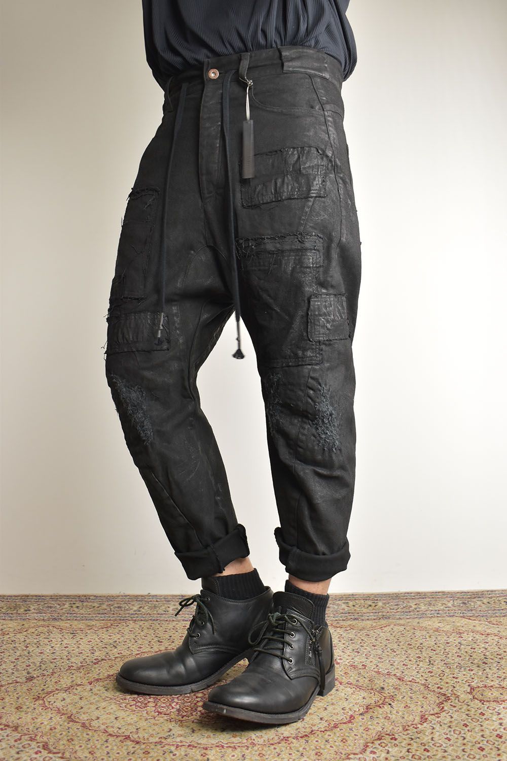 Product Coating Stretch Denim Damage Repair Cropped Pants “Black / 製品コーティングストレッチデニムダメージリペアクロップドパンツ"ブラック"