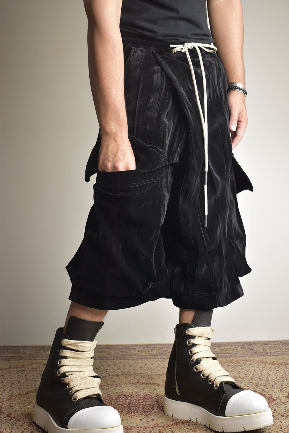 Washer Velour Wrap Skirt Pants"Black" / ワッシャーベロアラップスカートパンツ"ブラック"