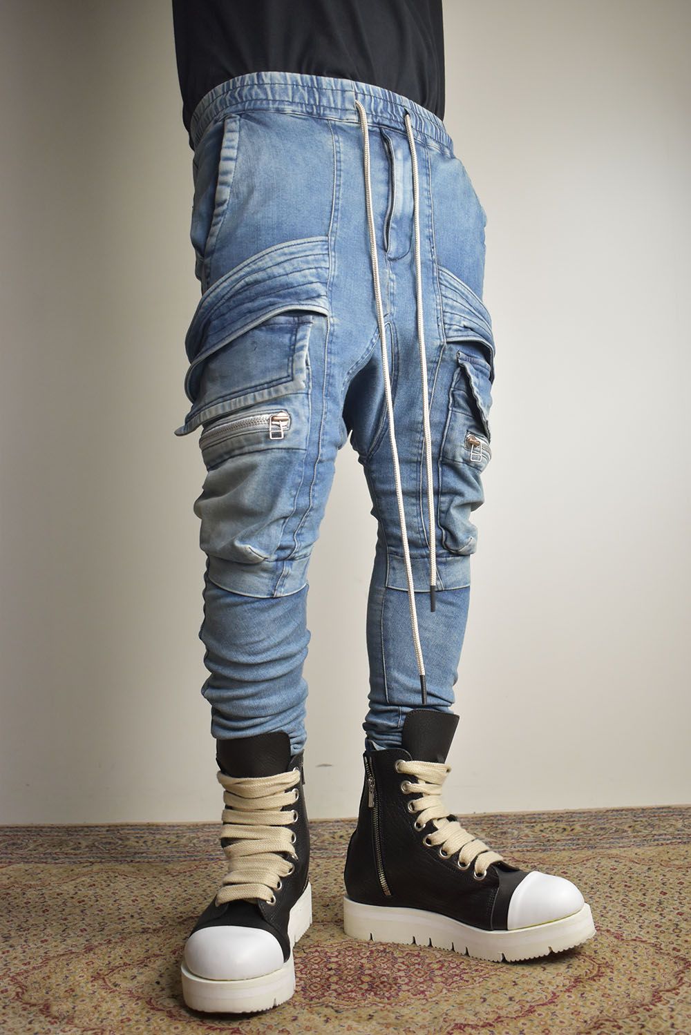 Denim Cargo Sarouel Skinny"Damage Black/Indigo Blue"/デニムカーゴサルエルスキニー"ダメージブラック/インディゴブルー"