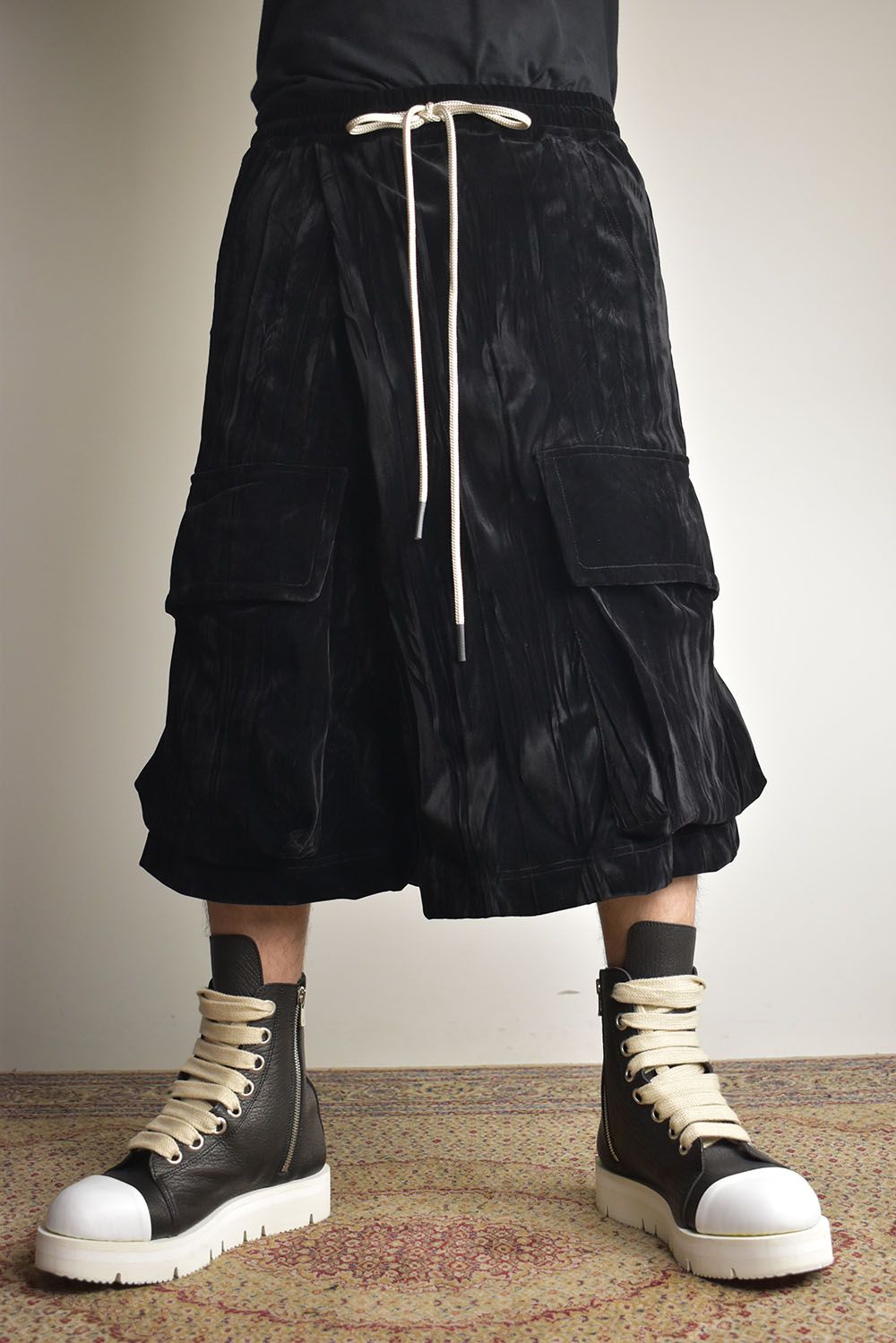 Washer Velour Wrap Skirt Pants"Black" / ワッシャーベロアラップスカートパンツ"ブラック"