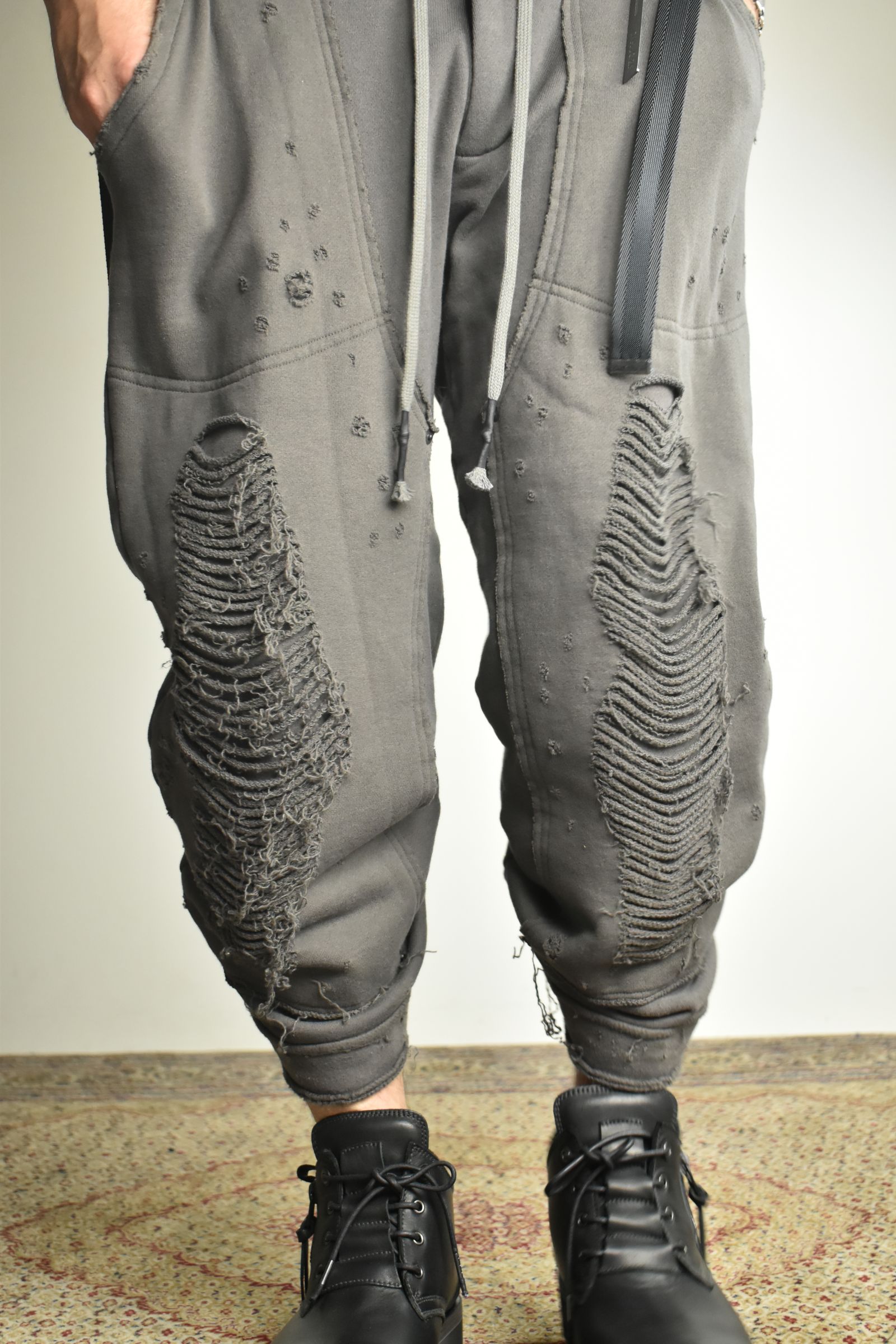 Untwisted Yarn Fleece Shotgun Wide Cropped Pants"Charcoal" / 無撚糸裏毛ショットガンワイドクロップドパンツ"チャコール"