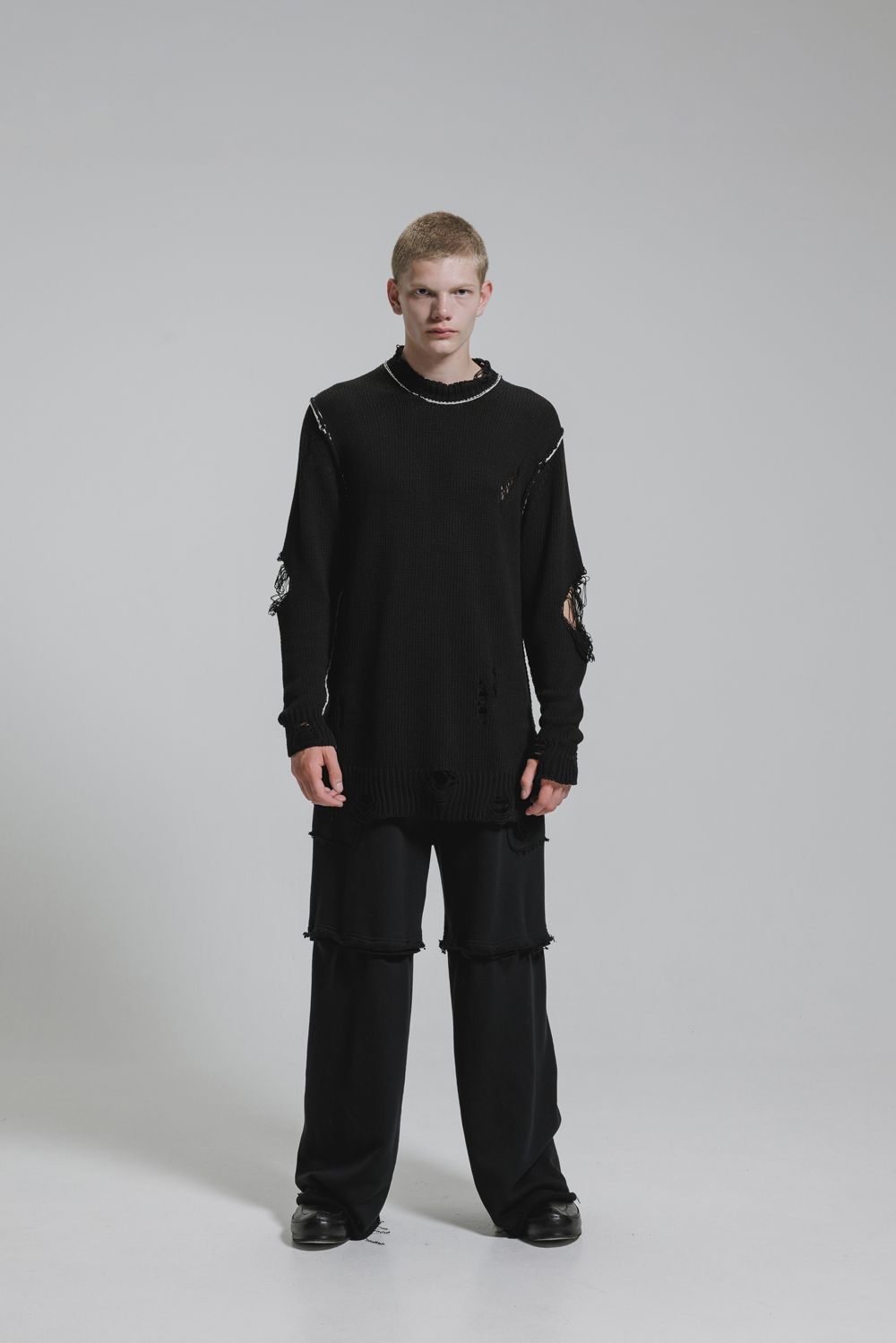 Cotton 3GG Damaged Knit Pullover"Black" / コットン 3GG ダメージニットプルオーバー"ブラック"