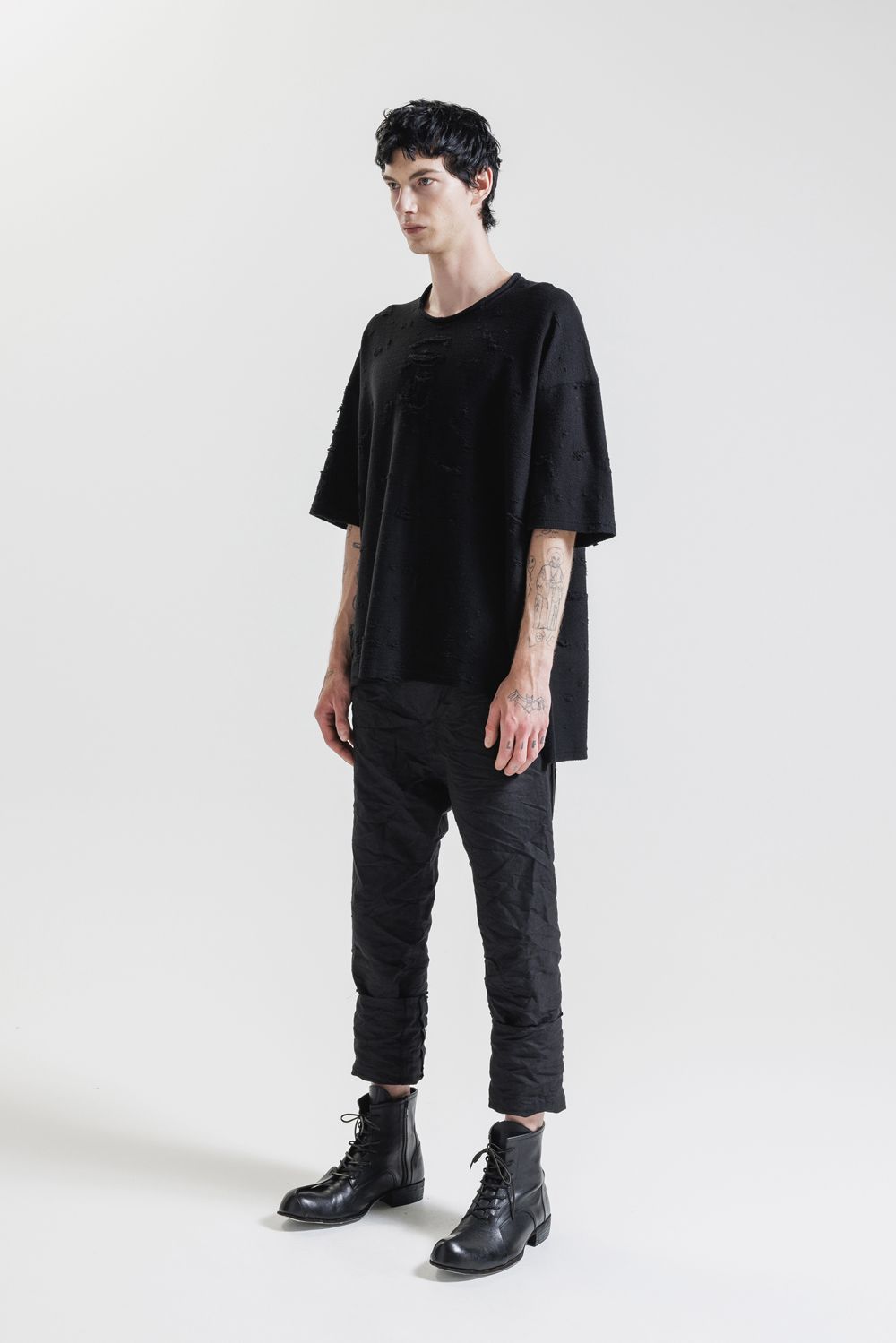 Cotton Damege Jaquard Over Sized Short Sleeve Tee"Black"/コットンダメージジャガードオーバーサイズショートスリーブTee"ブラック"