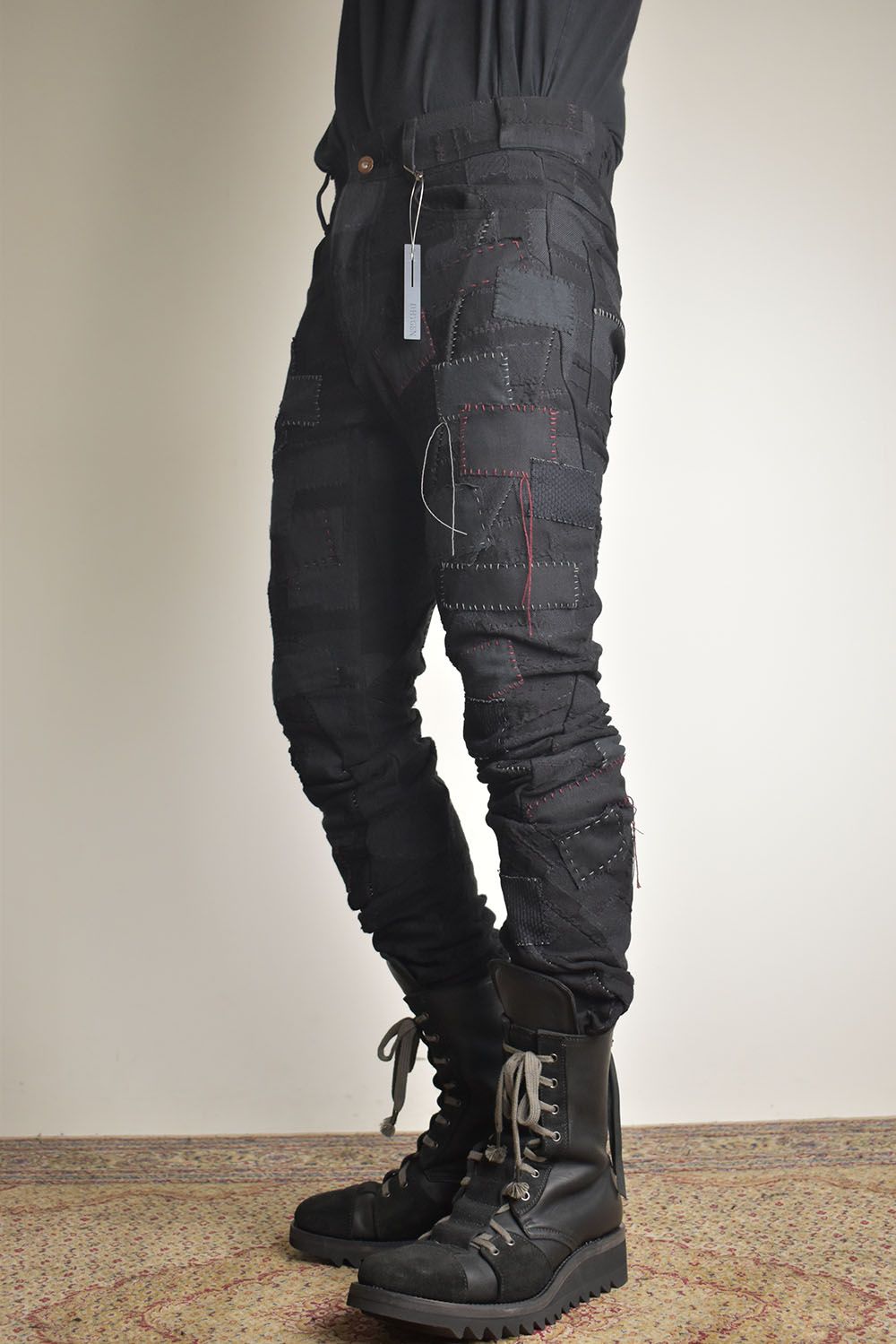 Hand Patchwork Crust Jacquard Overlock Twist Curve Pants "Black" / ハンドパッチワーククラストジャガードオーバーロックツイストカーブパンツ"ブラック"