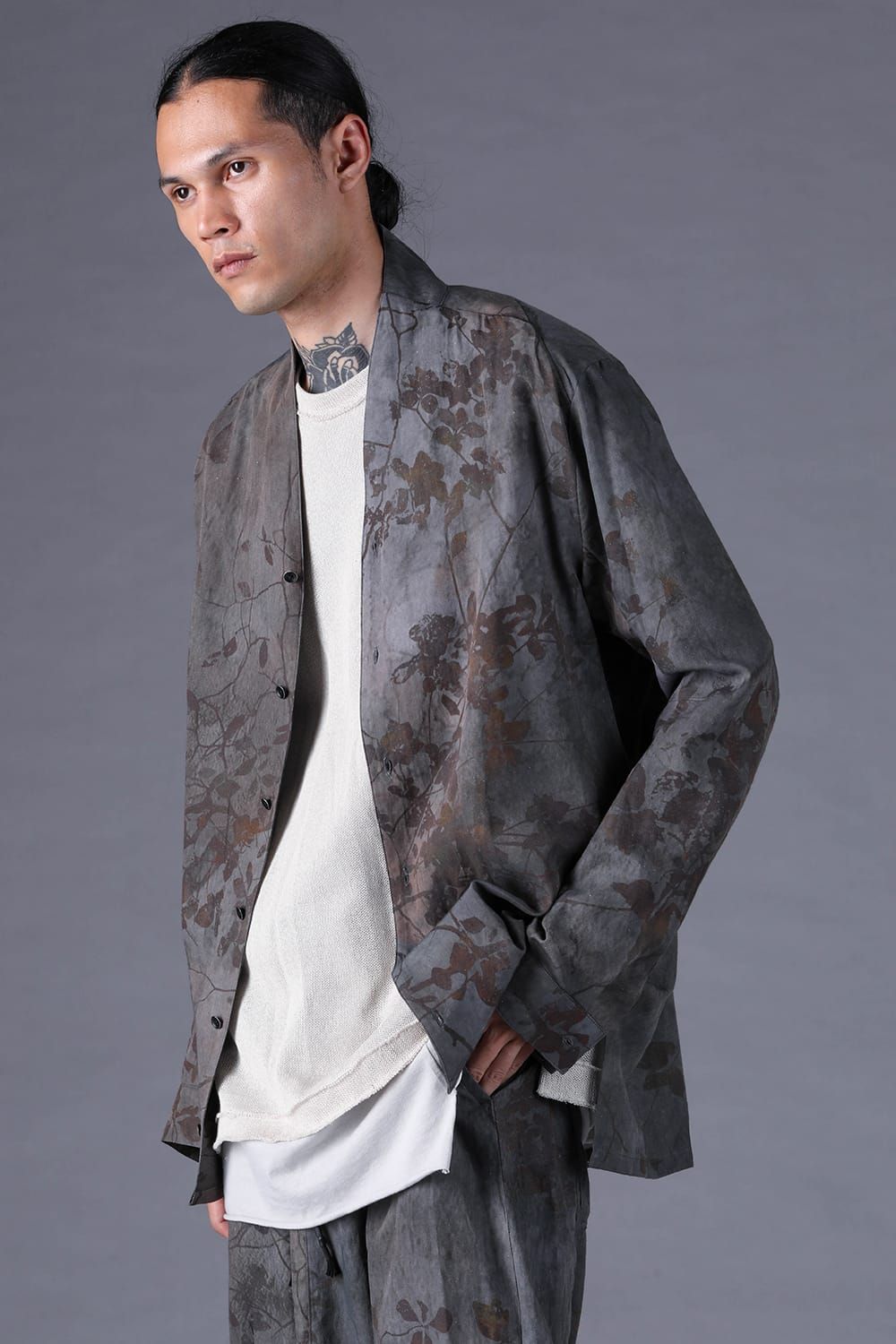 《2027SS先行予約分》Inkjet-Printed Shawl-Collar L/S Shirt "Charcoal" / インクジェットプリントショールカラーロングスリーブシャツ"チャコール"
