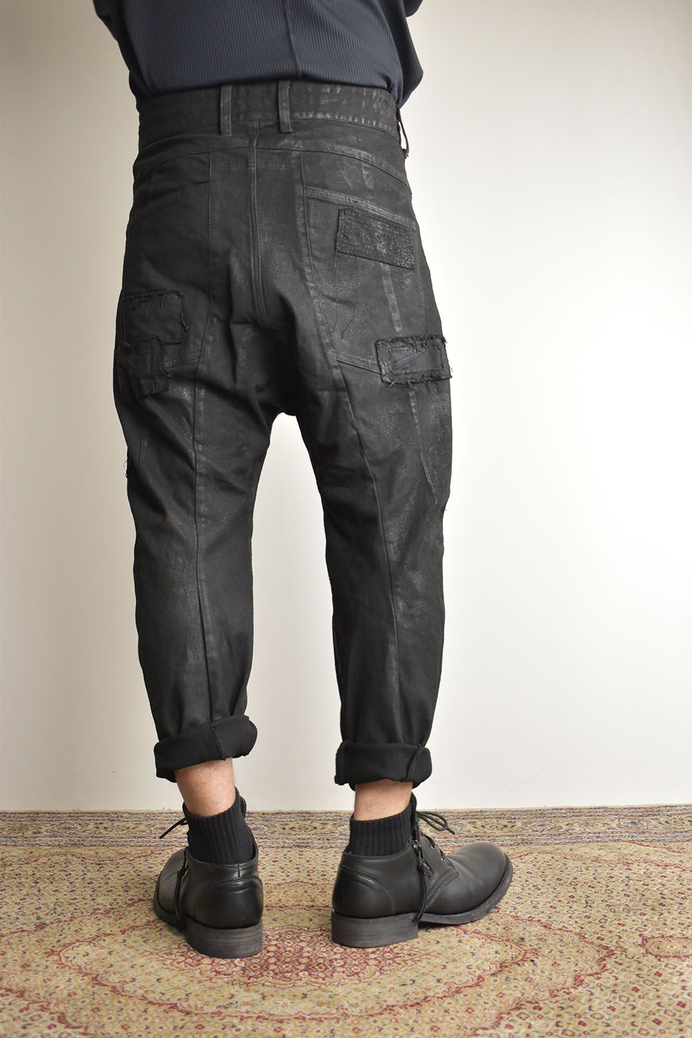 Product Coating Stretch Denim Damage Repair Cropped Pants “Black / 製品コーティングストレッチデニムダメージリペアクロップドパンツ"ブラック"