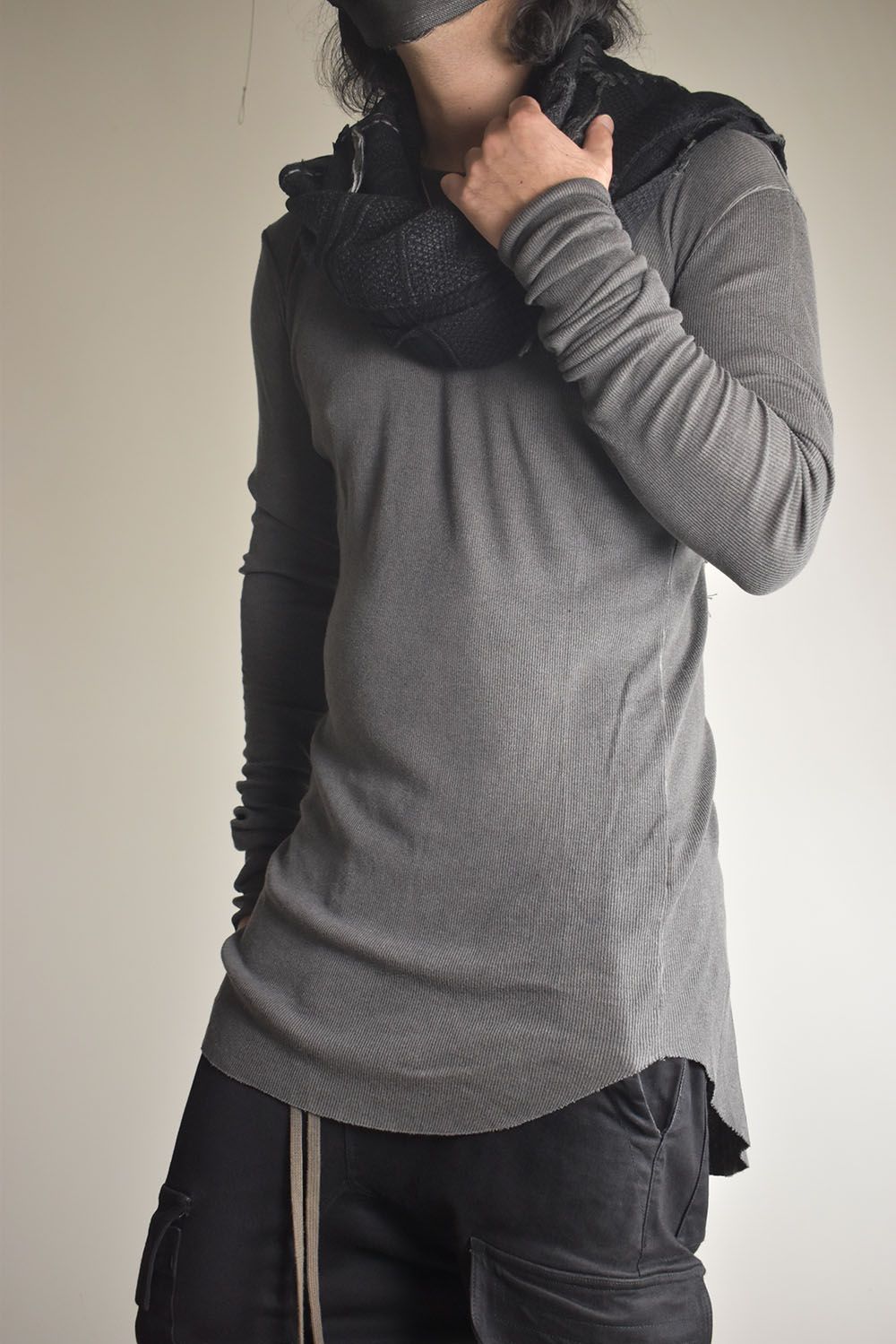Cotton Cashmere Crust Patch Knit Long Stole "Charcoal x Black" / コットンカシミヤクラストパッチニットロングストール"チャコール×ブラック"