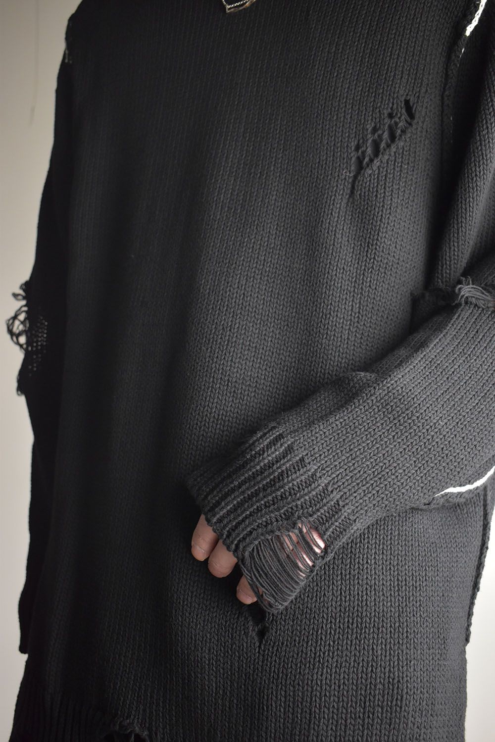 Cotton 3GG Damaged Knit Pullover"Black" / コットン 3GG ダメージニットプルオーバー"ブラック"