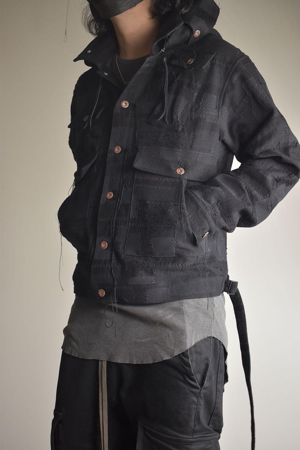 Crust Patchwork Jacquard Hood Attached Jacket "Black" / クラストパッチワークジャガードフードアタッチドジャケット"ブラック"