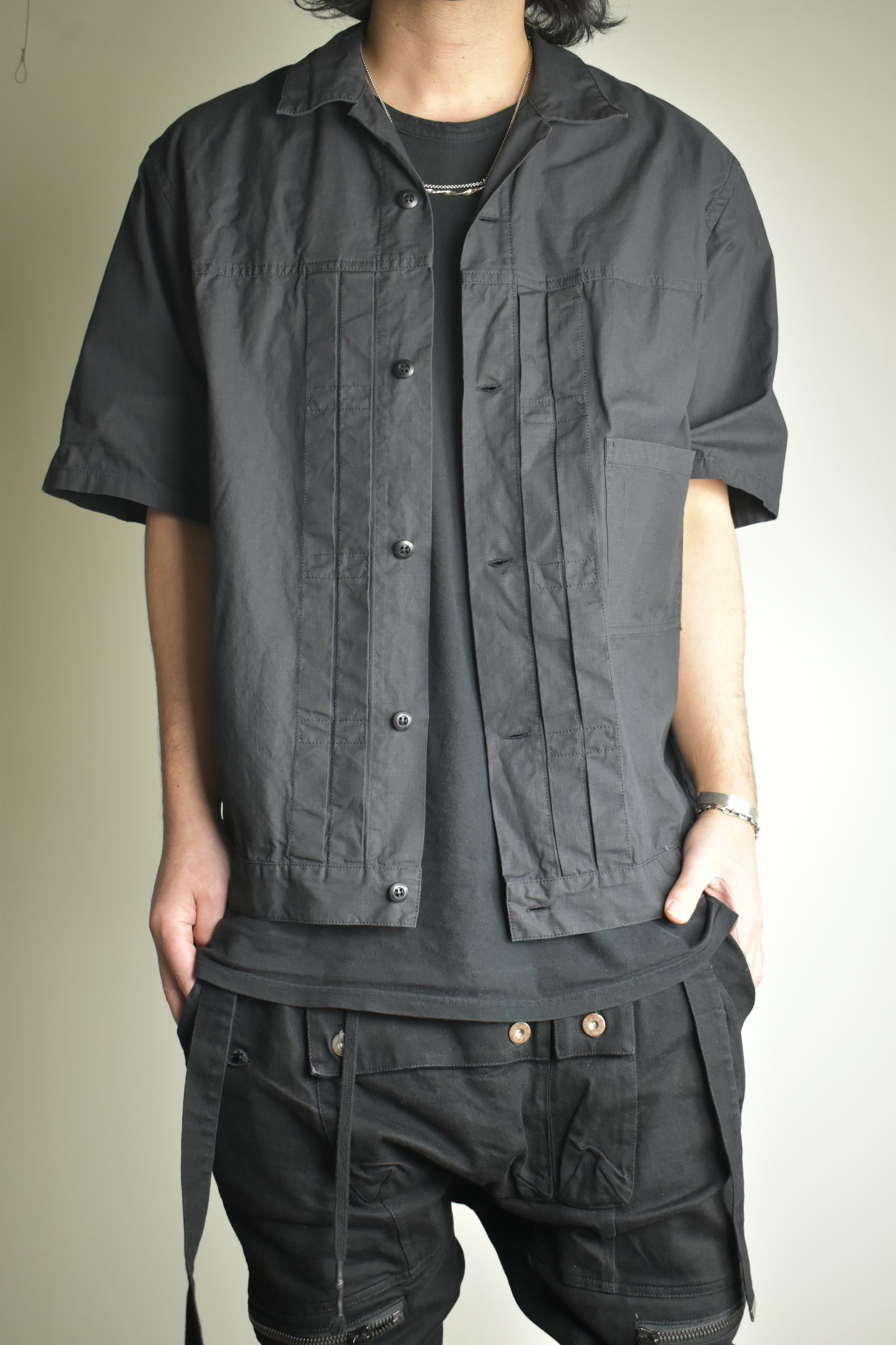 Rip Stop Open Collar Shirt"Black" / リップストップオープンカラーシャツ"Black"