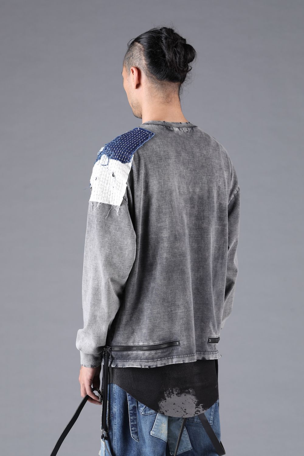 Damage Patch Open High Gauge Long Sleeve Tee"Charcoal" ダメージパッチジップオープンハイゲージロングスリーブTシャツ"チャコール"