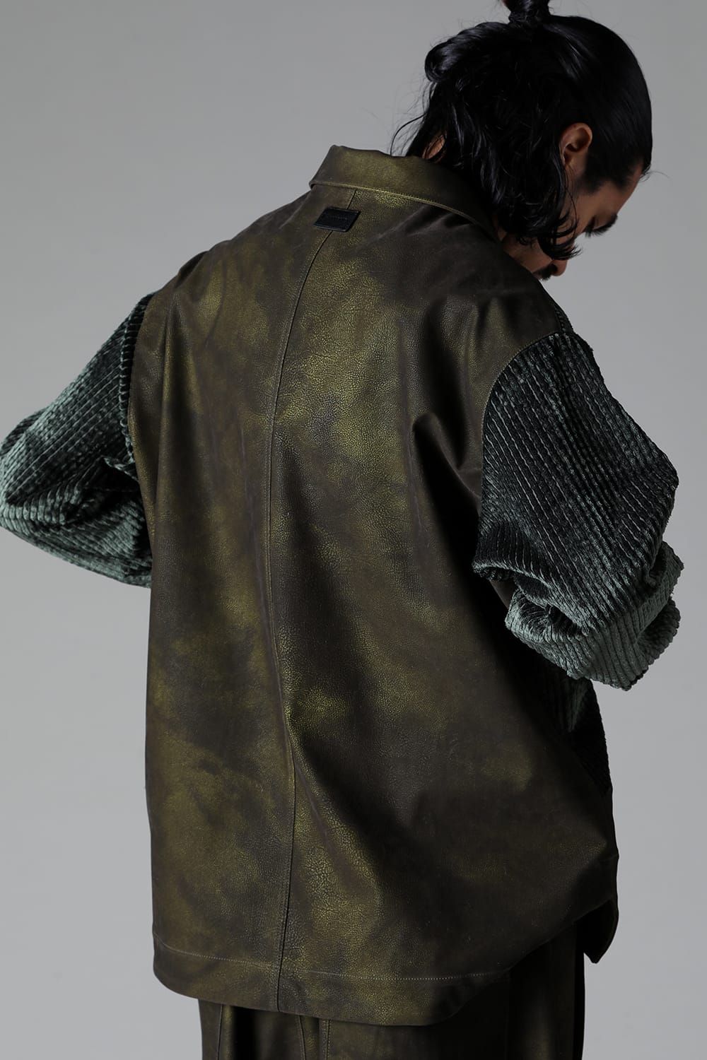 《2025AW先行予約》Synthetic Leather × Corduroy Switching Shirts"Black/Khaki" / シンセティックレザー×コーデュロイスウィッチングシャツ"ブラック/カーキ"