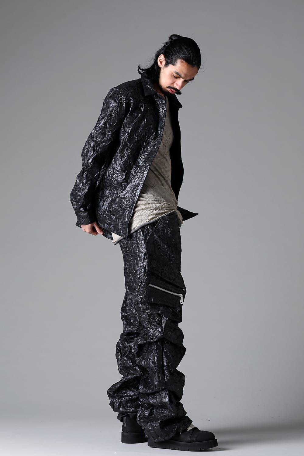 Washer Synthetic Leather Boots Cut Tuck Cargo Pants"Black " / ワッシャーシンセティックレザーブーツカットタックカーゴパンツ"ブラック"