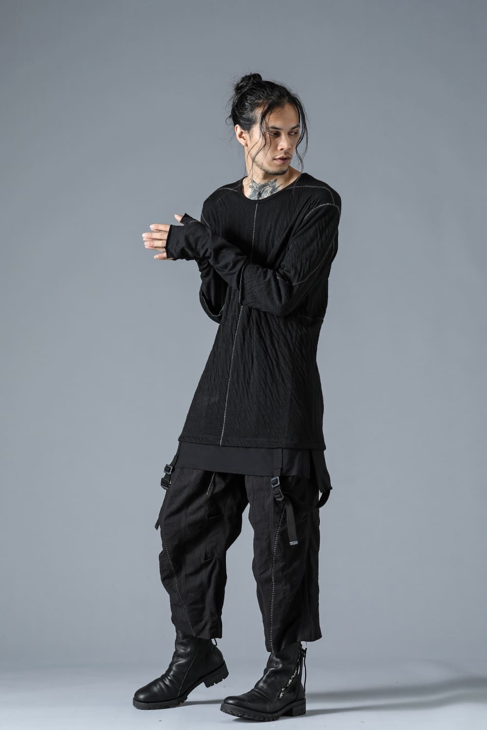 Wool×Cotton Double Face Layered Globe Sleeve Tee"Black/"ウール×コットンダブルフェイスレイヤードグローブスリーブTシャツ"ブラック"