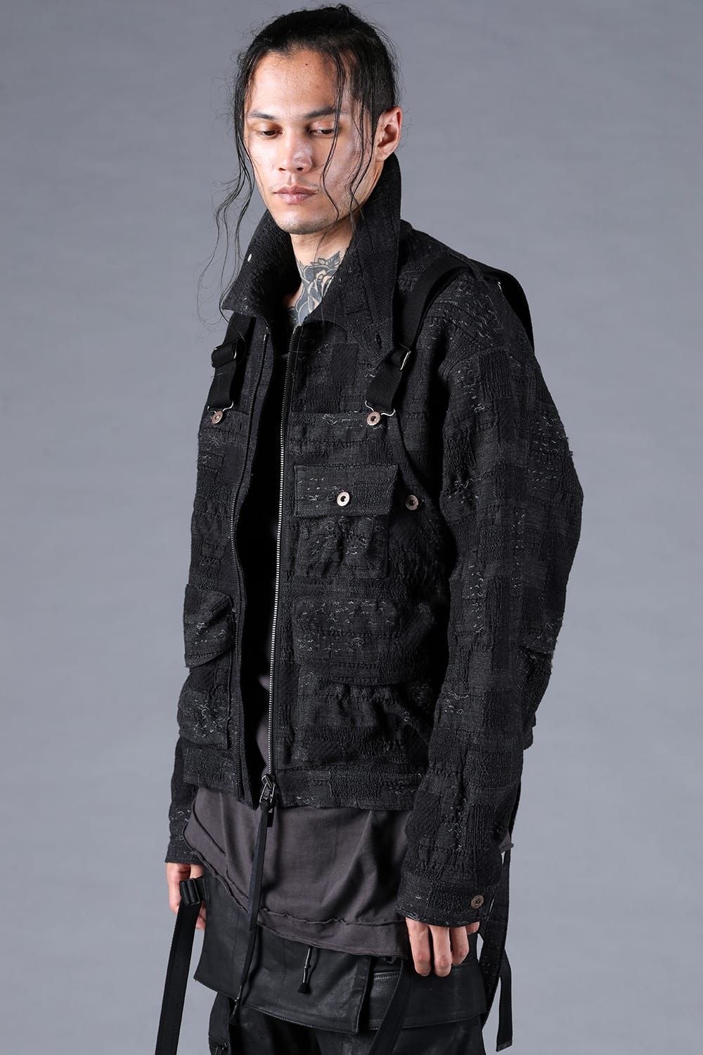 Crust Jacquard Salopette Layered Jacket"Black" / クラストジャガードサロペットレイヤードジャケット"ブラック"