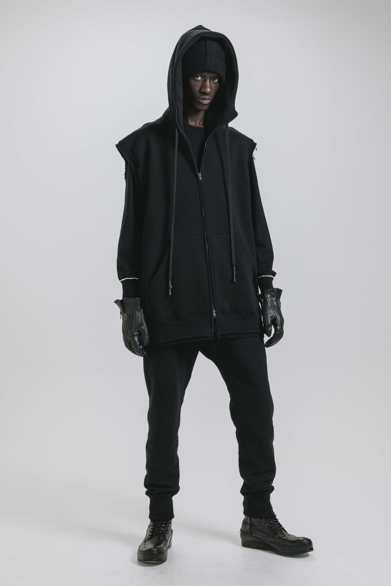 Over Size Sleeve Less Zip Up Parker"Black" / オーバーサイズスリーブレスジップアップパーカー"ブラック"