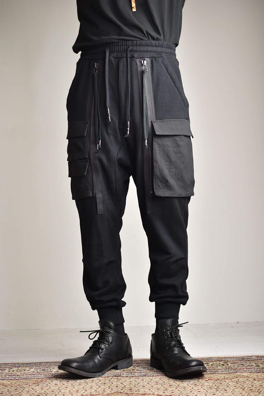 Non-ply Yarn Lined Drop Crotch Cargo Wide Jogger Pants"Black"/無撚糸裏毛ドロップクロッチカーゴワイドジョガーパンツ"ブラック"