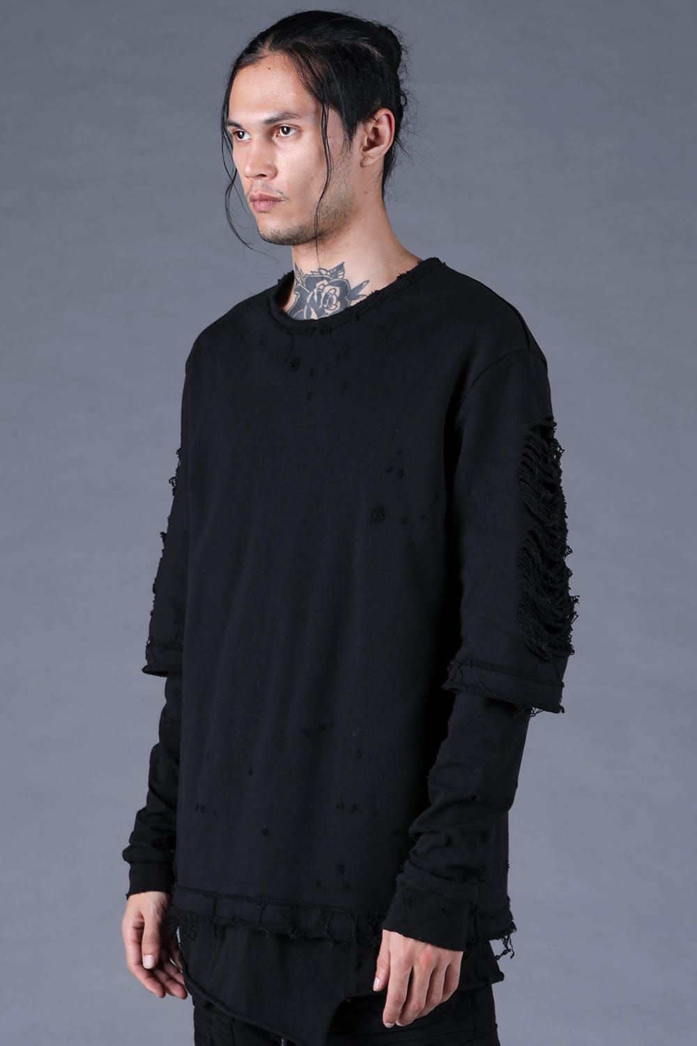 Sweat Shotgun Damage Layered Tee"Black" / 裏毛ショットガンダメージレイヤードTee"ブラック"