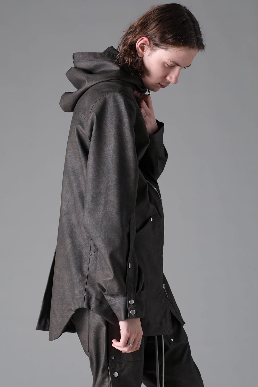 《2026AW先行予約》Vegan Leather Hoodie Blouson"Khaki" / ヴィーガンレザーフーディブルゾン"カーキ"