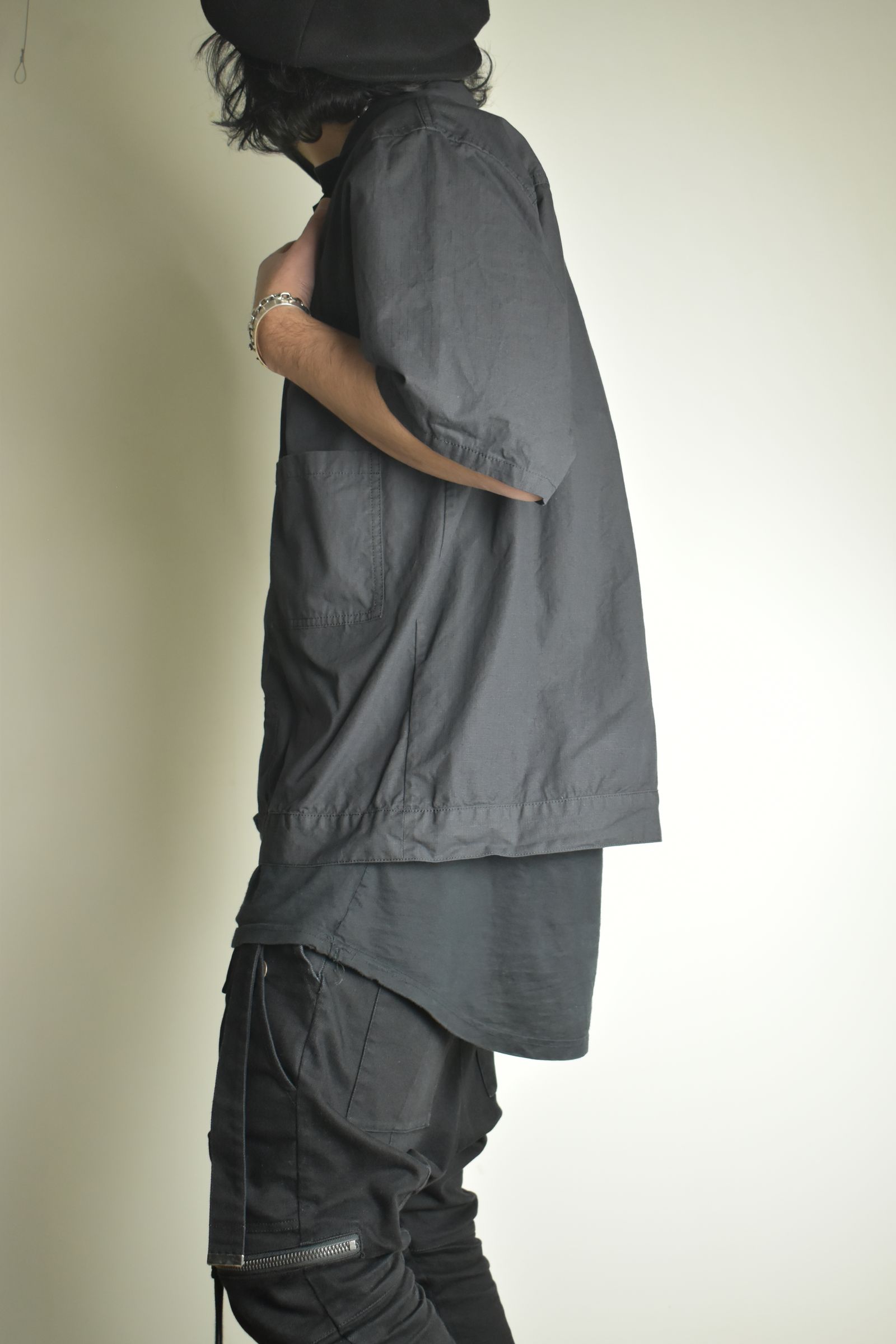 Rip Stop Open Collar Shirt"Black" / リップストップオープンカラーシャツ"Black"