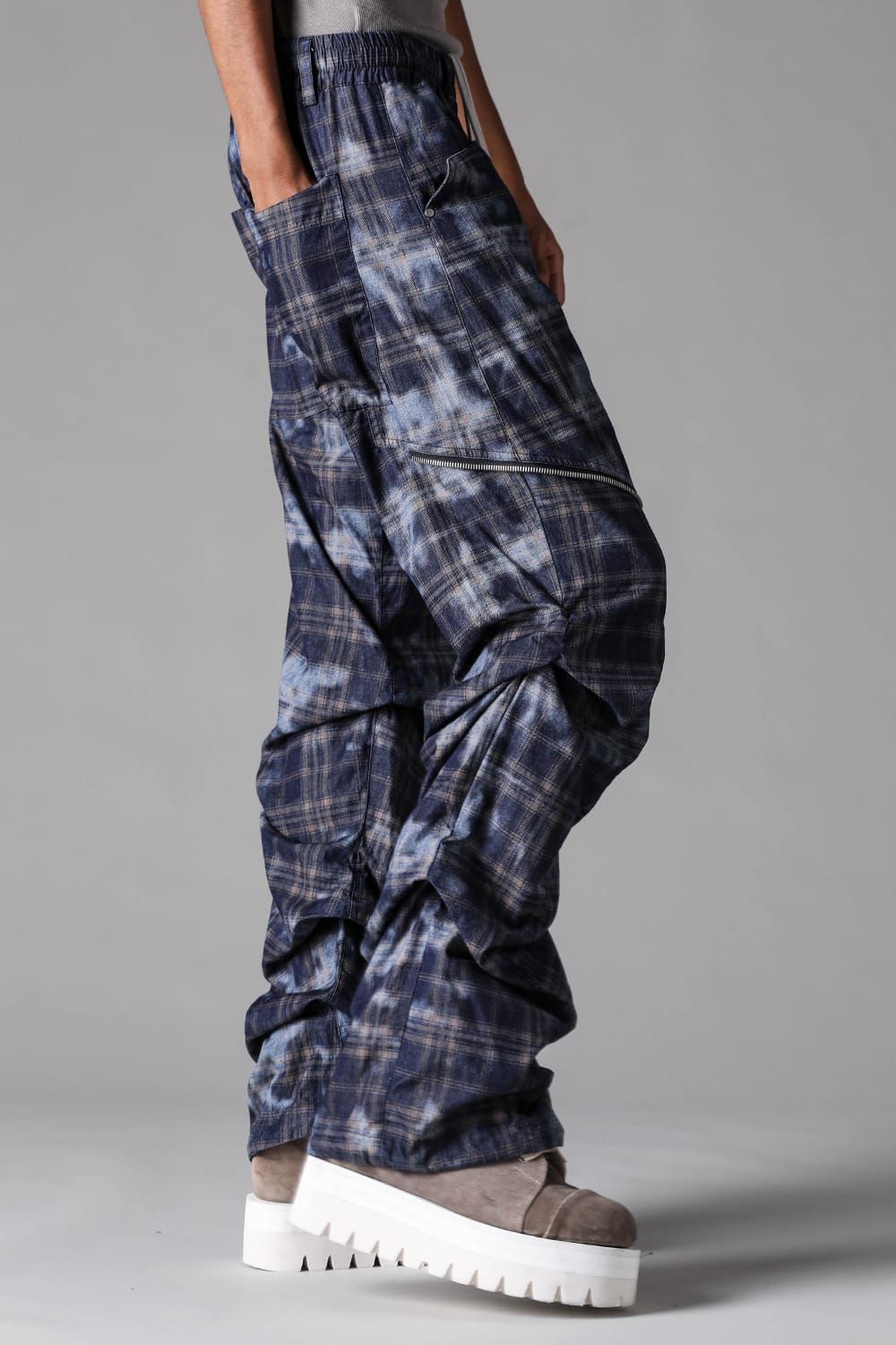 《2027SS先行予約》Check Side Zip Tuck Baggy Pants"Navy Check" / チェックサイドジップタックバギーパンツ"ネイビーチェック"