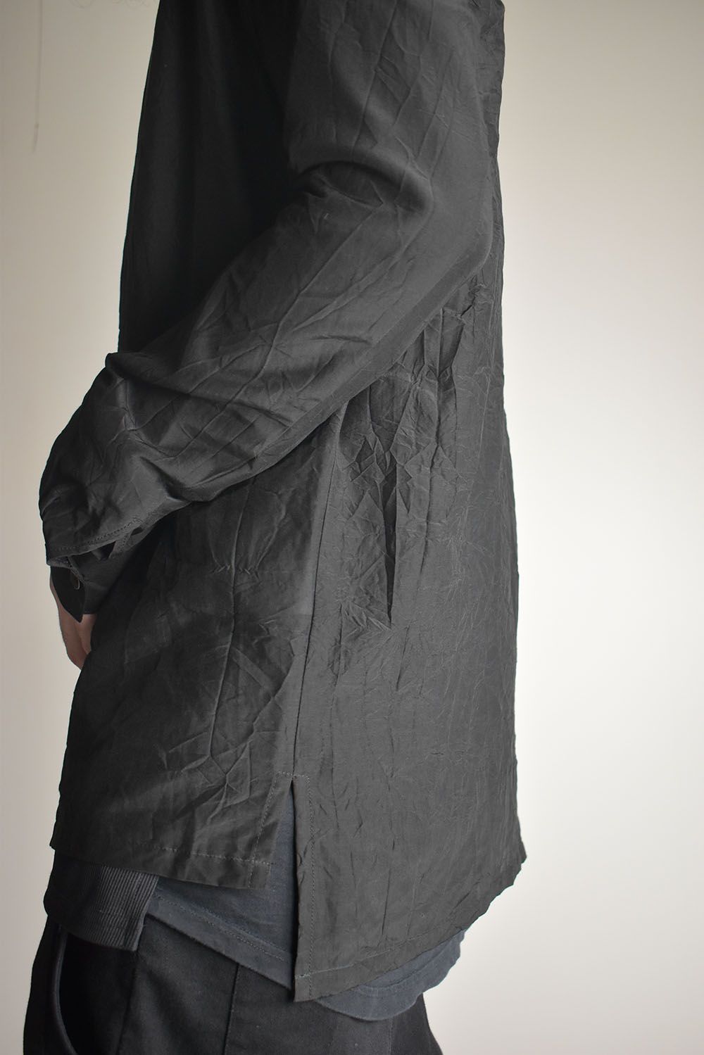 Silk Cotton Washer Shawl Collar Shirt"Black" / シルクコットンワッシャーショールカラーシャツ"ブラック"