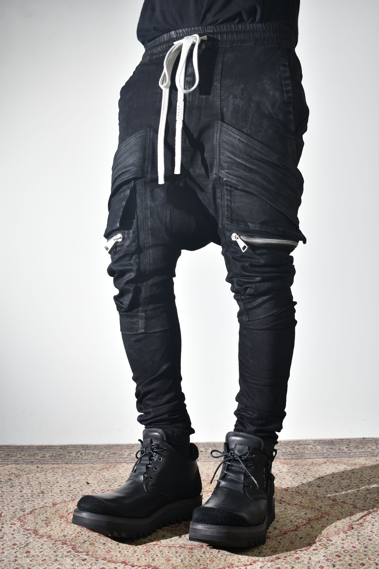 Strtch Denim Coatiing Cargo Sarouel Skinny"Black" / ストレッチデニムコーティングカーゴサルエルスキニー"ブラック"