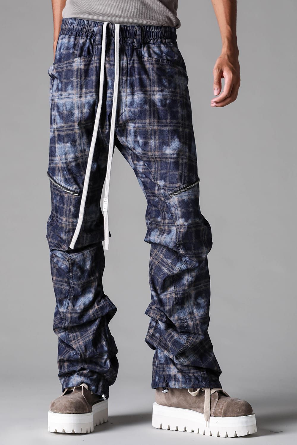 《2027SS先行予約》Check Side Zip Tuck Baggy Pants"Navy Check" / チェックサイドジップタックバギーパンツ"ネイビーチェック"
