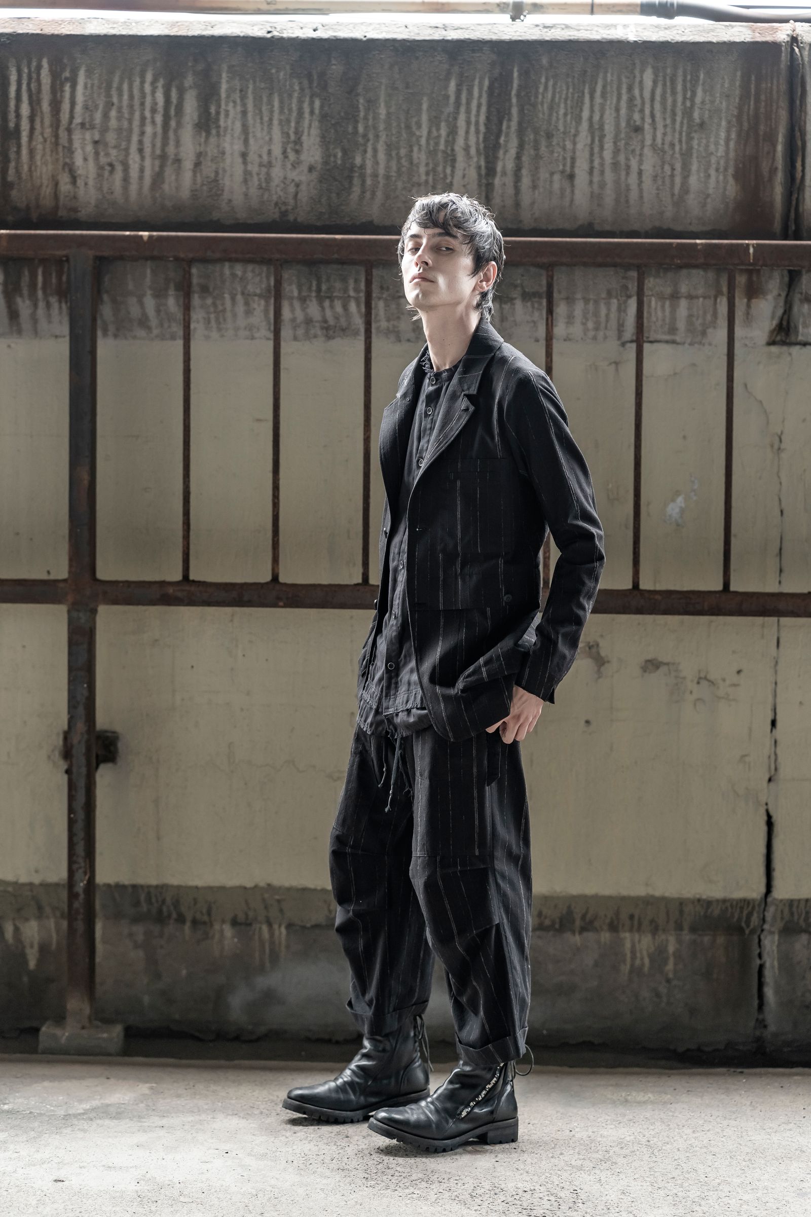 Faded Random Stripe Wide Cropped Pants"Black" / フェードランダムストライプワイドクロップドパンツ"ブラック"