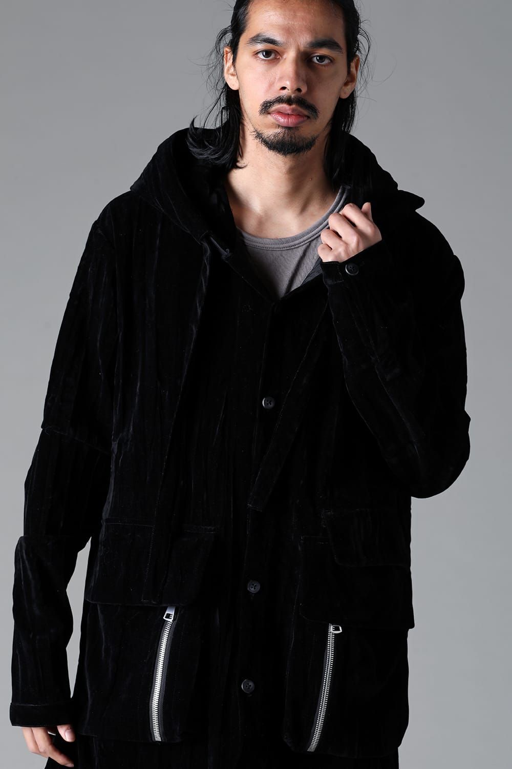 《2025AW先行予約》Washer Velour Hooded Long Jacket"Black" / ワッシャーベロアフーデッドロングジャケット"ブラック"