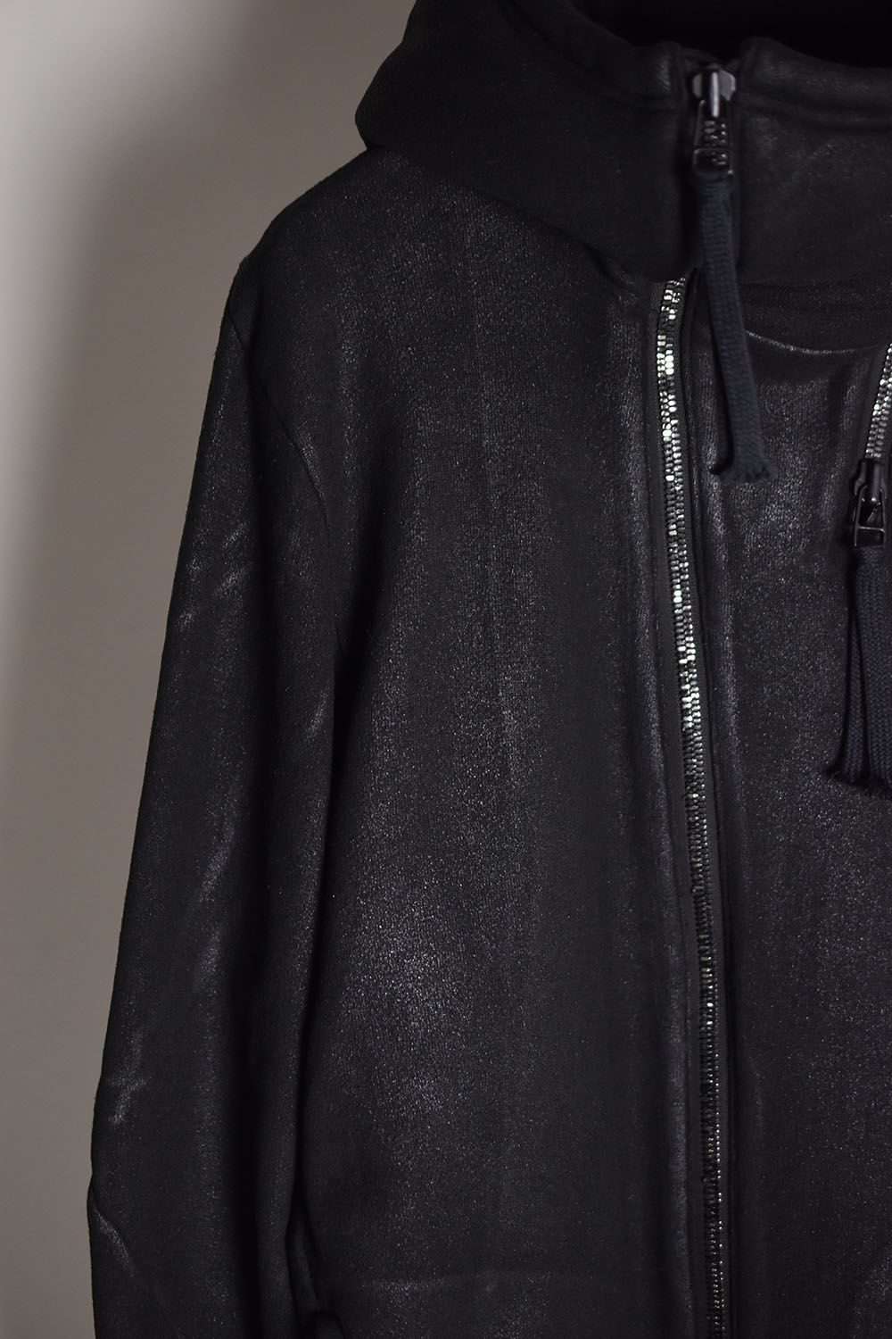 Coating Double Zip Hooded Jacket"Black"/無撚糸裏毛コーティングダブルジップフーデッドジャケット"ブラック"