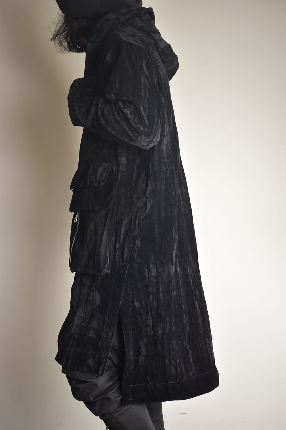 Washer Velour Hooded Long Jacket"Black" / ワッシャーベロアフーデッドロングジャケット"ブラック"