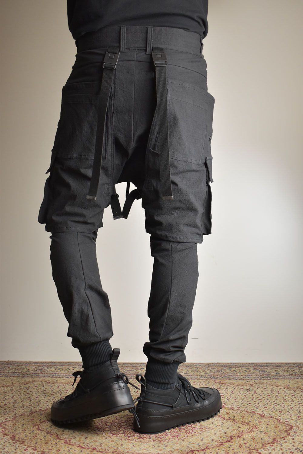 Ripstop Detachable Shorts Layered Cargo Jog Pants"Black" / リップストップデタッチャブルショーツレイヤードカーゴジョグパンツ"ブラック"