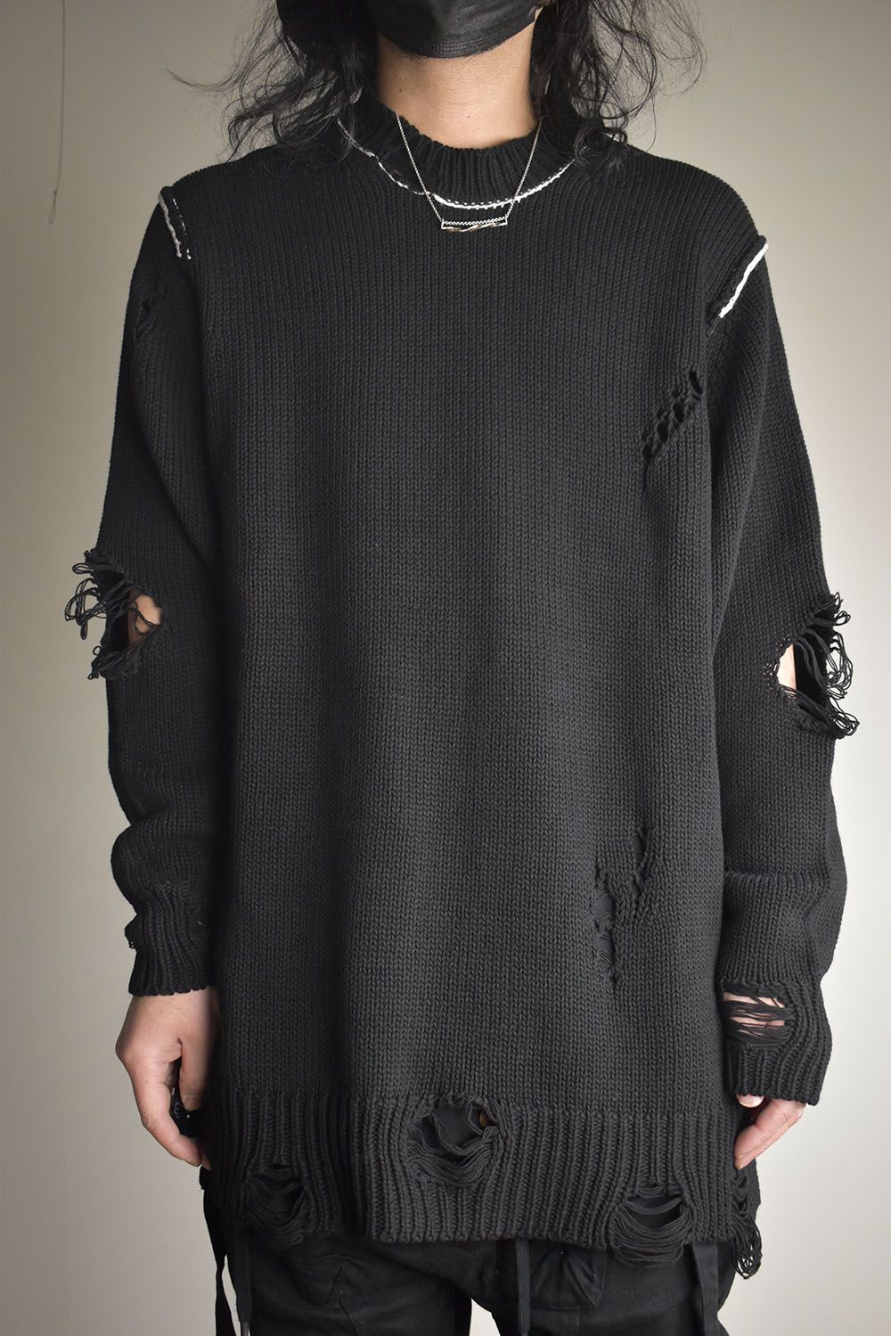 Cotton 3GG Damaged Knit Pullover"Black" / コットン 3GG ダメージニットプルオーバー"ブラック"