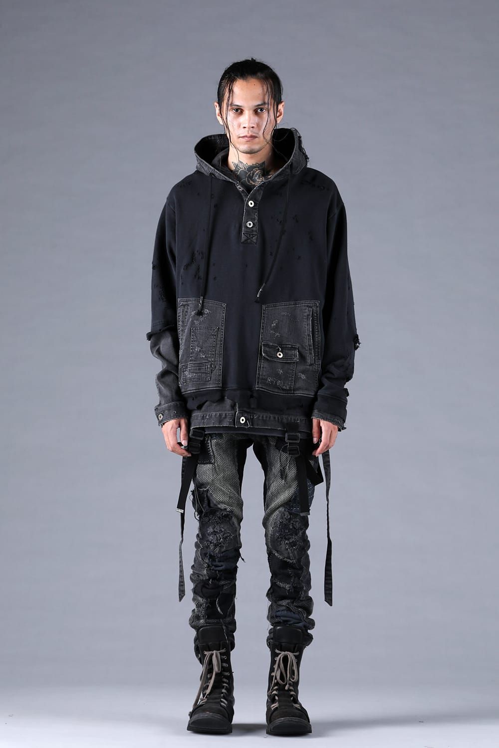 Denim Combination Non-Twisted Yarn Lined Oversized Pullover Hoodie"Black" / デニムコンビネーション無撚糸裏毛オーバーサイズプルオーバーフーディー"ブラック"