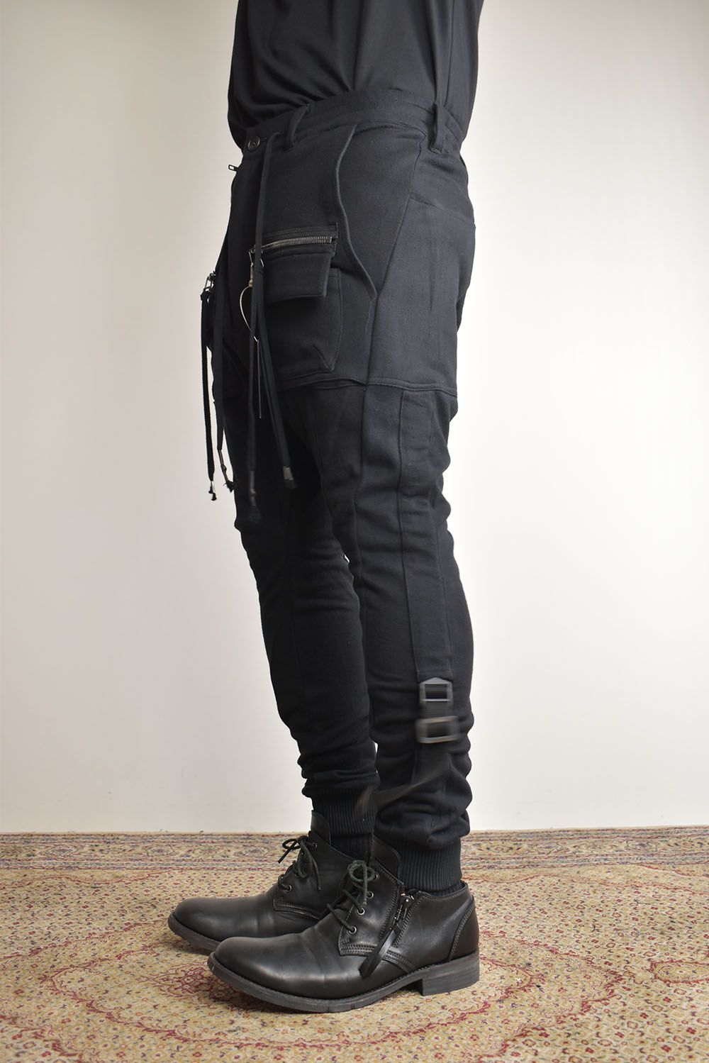 Non-ply Yarn Lined Belt Adjustable Crotch Jog Pants "Black" / 無撚糸裏毛ベルトアジャストロークロッチジョグパンツ"ブラック"