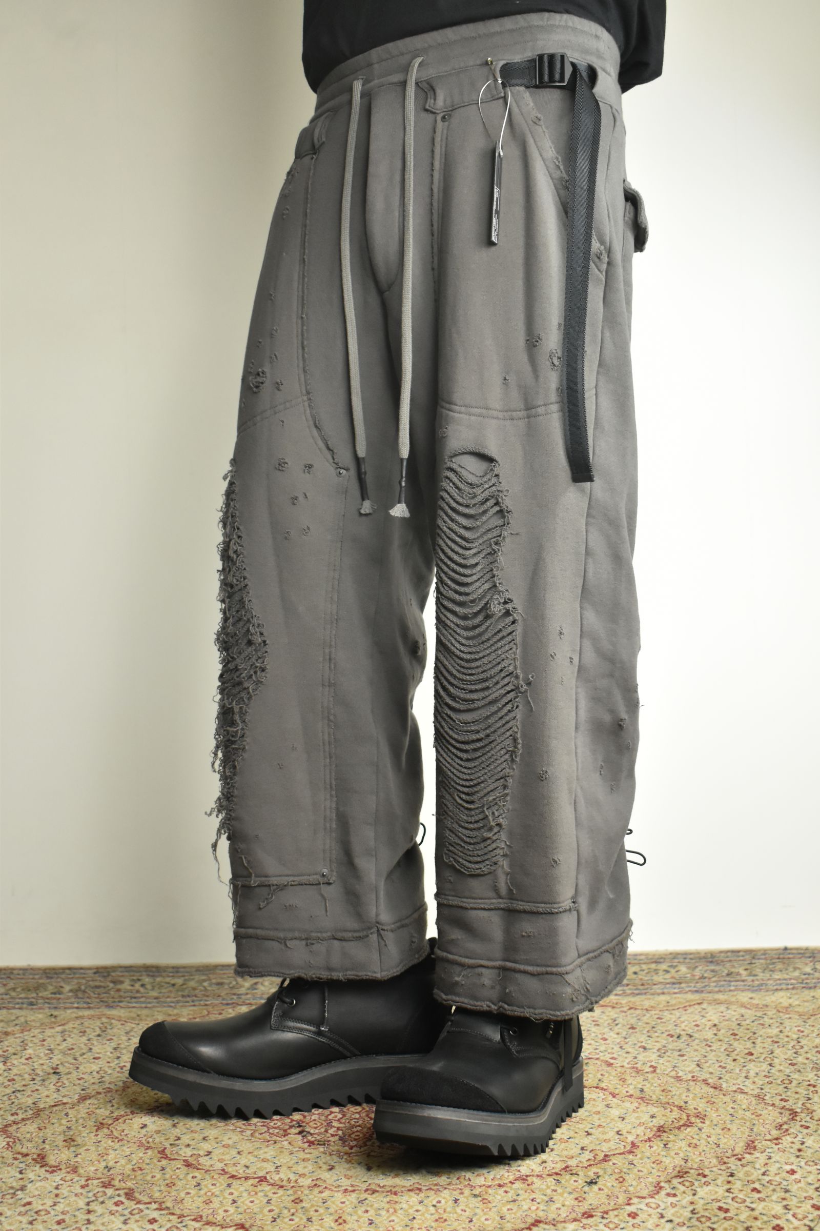 Untwisted Yarn Fleece Shotgun Wide Cropped Pants"Charcoal" / 無撚糸裏毛ショットガンワイドクロップドパンツ"チャコール"