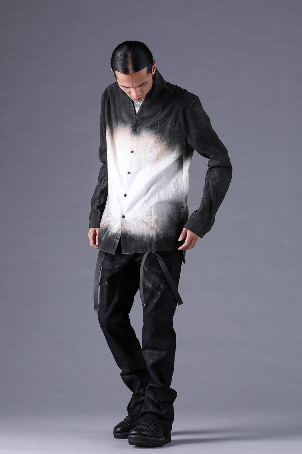 《2027SS先行予約分》Washer Loan Gradation Shawl-Collar Long Sleeve Shirt"Black" / ワッシャーローングラデーションショールカラーロングスリーブシャツ"ブラック"