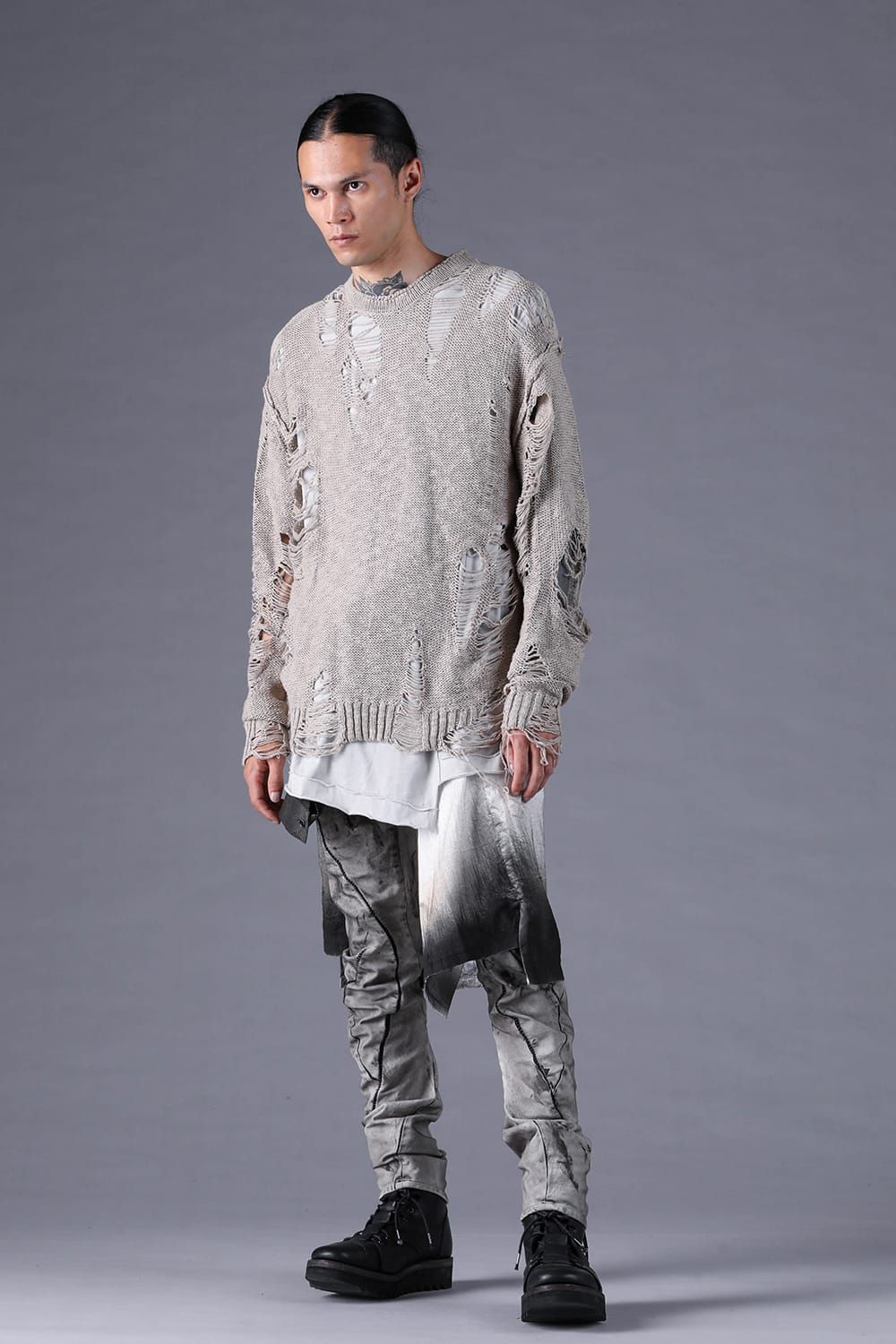 《2027SS先行予約分》Dirty Finish Overlock Twist Curve Pants"Dusty White" / ダーティ加工オーバーロックツイストカーブパンツ "ダスティホワイト"