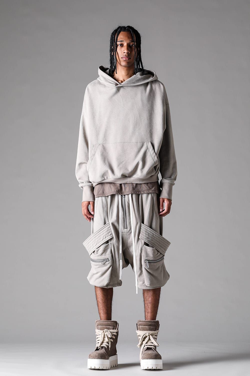 《2027SS先行予約》French Terry Belt Cargo Sarrouel Shorts "Black / Grey / L.Beige"/ フレンチテリー裏毛ベルトカーゴサルエルショーツ"ブラック / グレー /ライトベージュ"