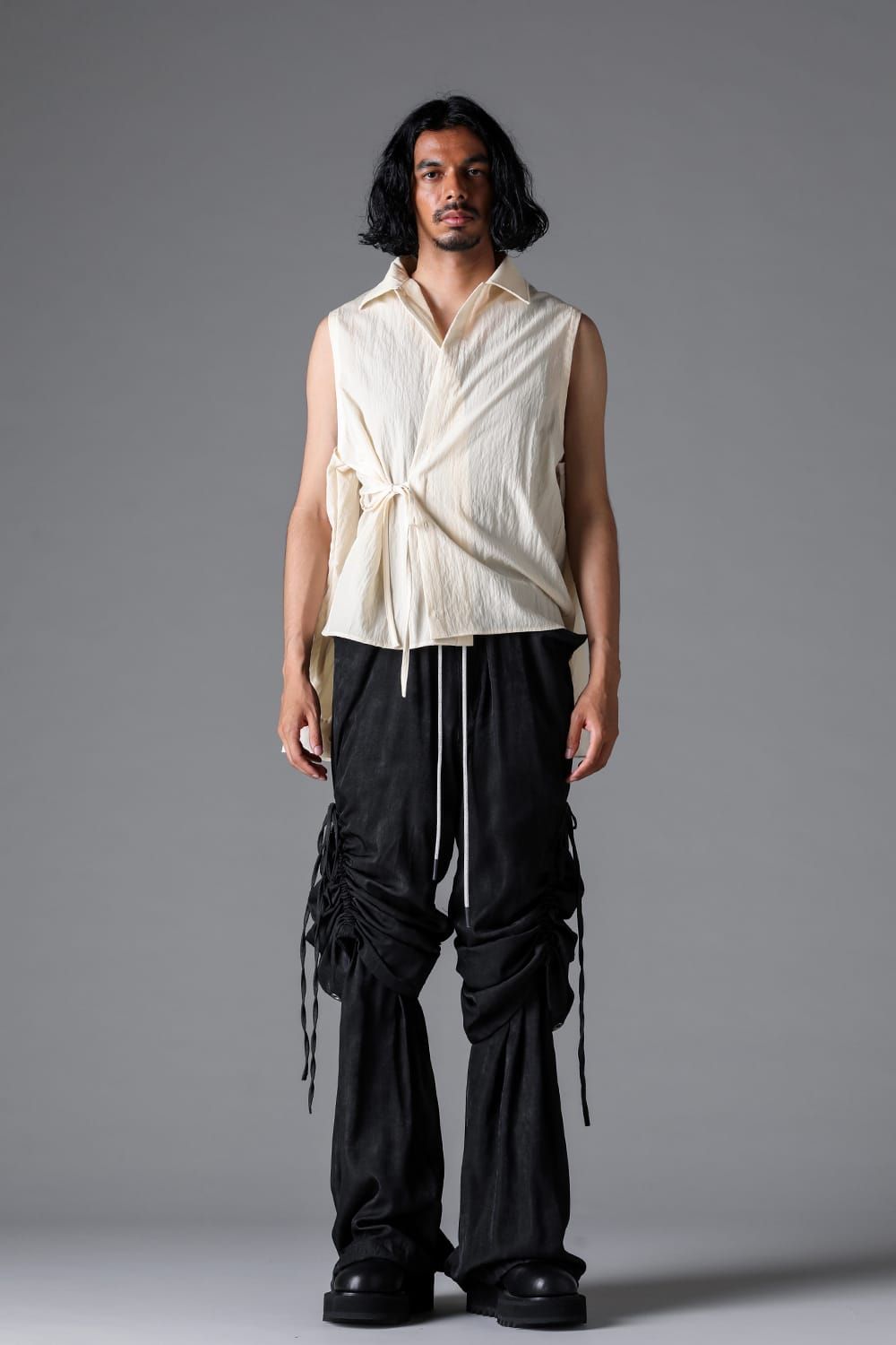 《2026SS先行予約》Layerd Gather Wide Pants"Black / Uneven D.Grey / Uneven Grey" / レイヤードギャザーワイドパンツ"ブラック/アンイーブンダークグレー/アンイーブングレー"