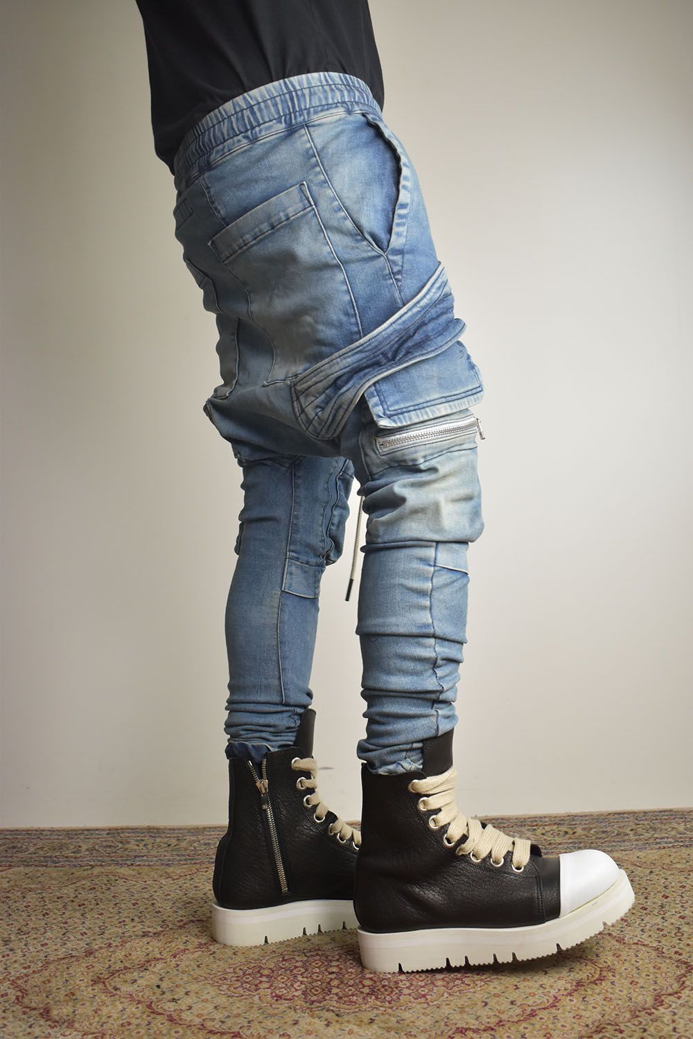 Denim Cargo Sarouel Skinny"Damage Black/Indigo Blue"/デニムカーゴサルエルスキニー"ダメージブラック/インディゴブルー"