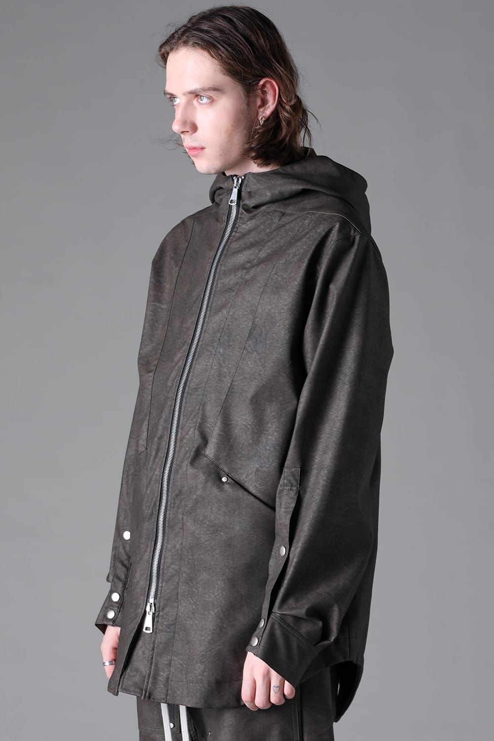 《2026AW先行予約》Vegan Leather Hoodie Blouson"Khaki" / ヴィーガンレザーフーディブルゾン"カーキ"