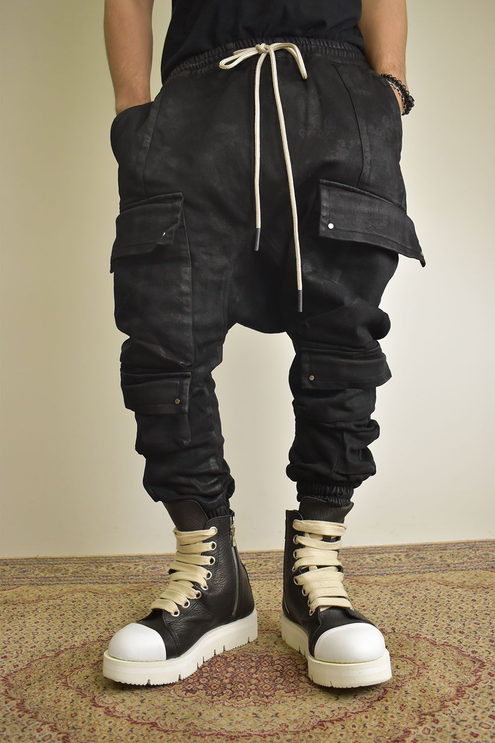 Coating Bonding Sarouel Cargo Jogger Denim"Black" / コーティングボンディングサルエルカーゴジョガーデニム"ブラック"