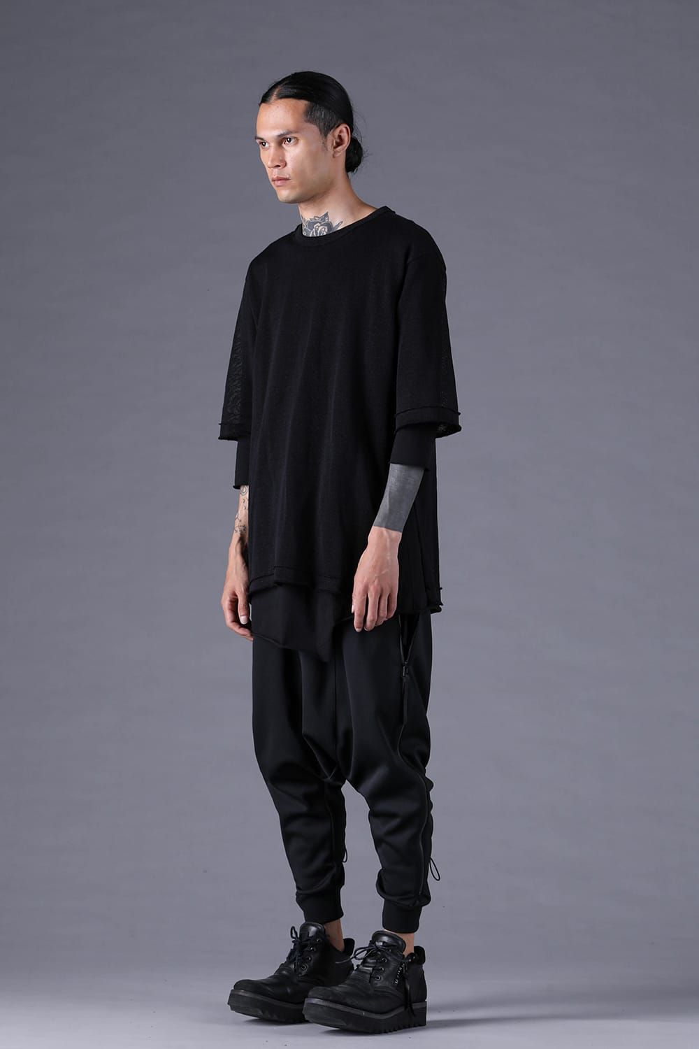 《2027SS先行予約分》Japanese Paper Cotton Knit Layered T-Shirt "Black" / 和紙コットンニットレイヤードTee "ブラック"