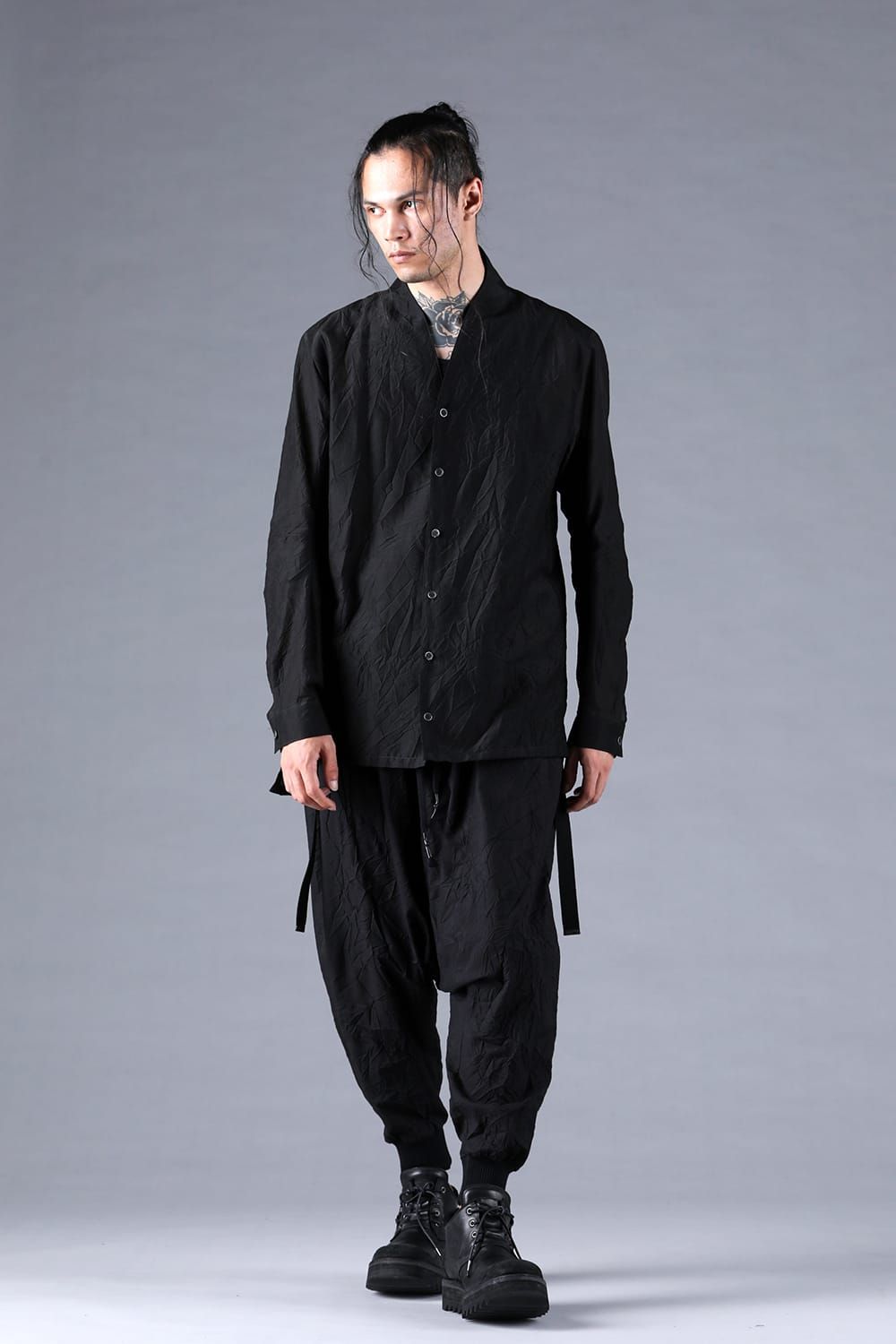 Silk Cotton Washer Shawl Collar Shirt"Black" / シルクコットンワッシャーショールカラーシャツ"ブラック"