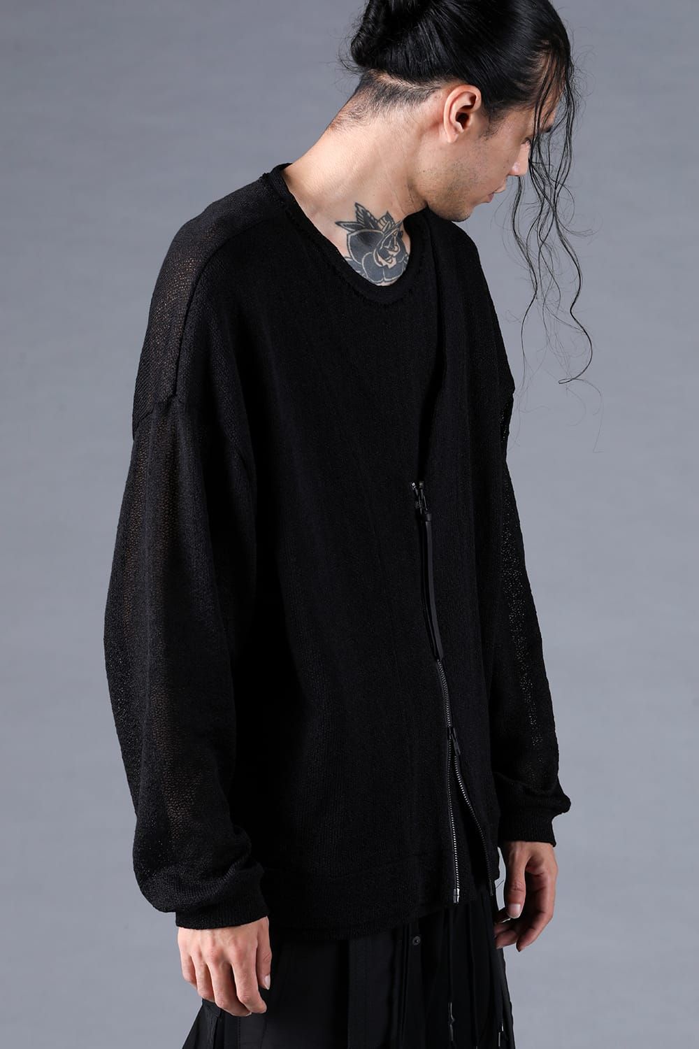 Cotton Low Gauge Knit Cardigan Layered Pullover"Black" / コットンローゲージニットカーディガンレイヤードプルオーバー"ブラック"