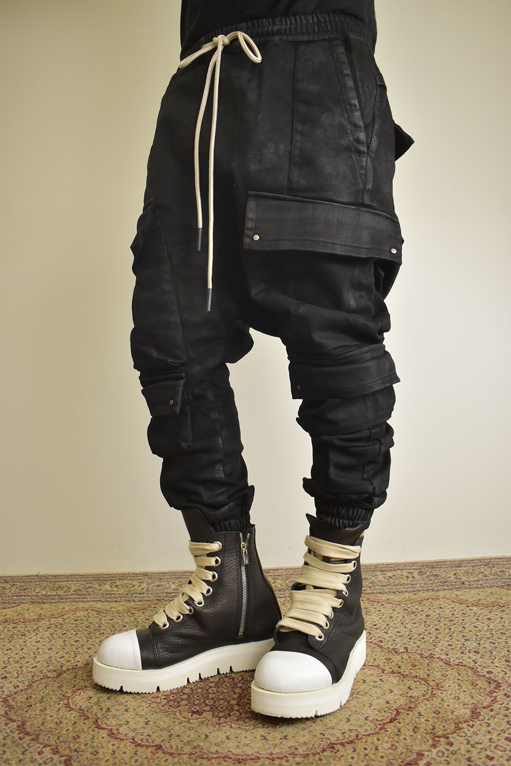 Coating Bonding Sarouel Cargo Jogger Denim"Black" / コーティングボンディングサルエルカーゴジョガーデニム"ブラック"